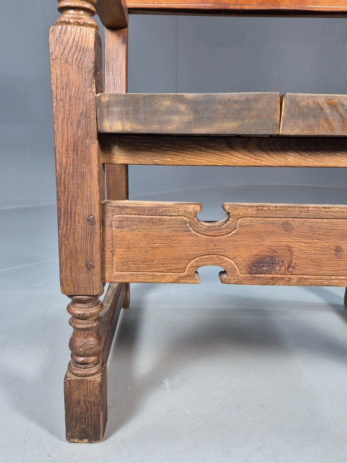 Vintage Lounge Chair Leather Carved Wood Spanish Style Antique Eb8175 Vcar photo 149.0