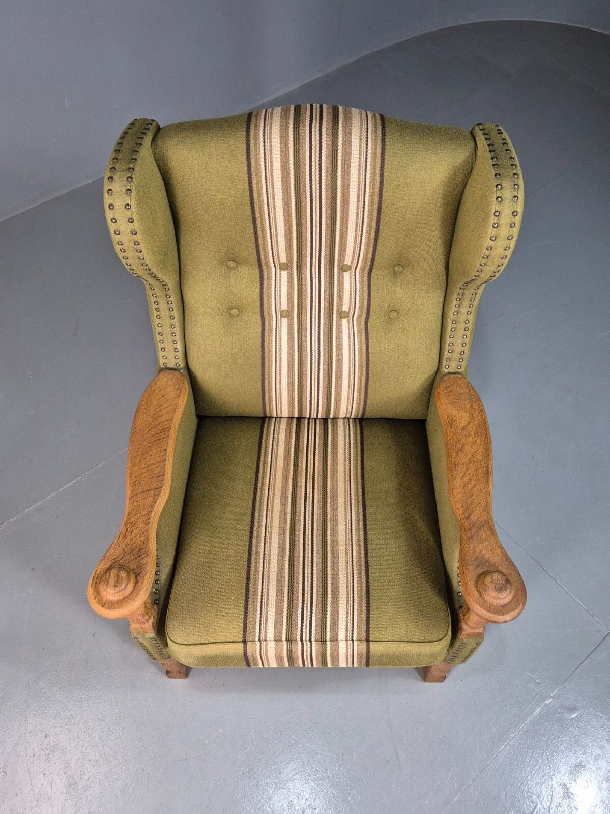 Vintage Danish Green Striped Wingback Armchair Oak Studded Skippers Eb8044 Mnor photo 325.0