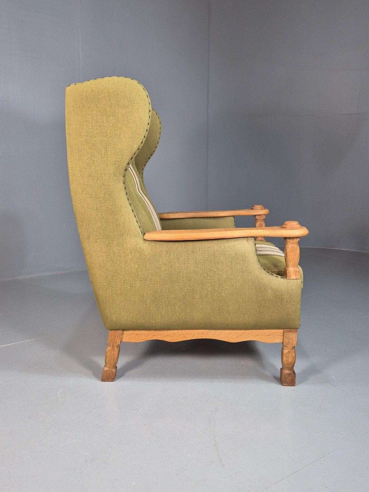 photo furniture Vintage Danish Green Striped Wingback Armchair Oak Studded Skippers Eb8044 Mnor
