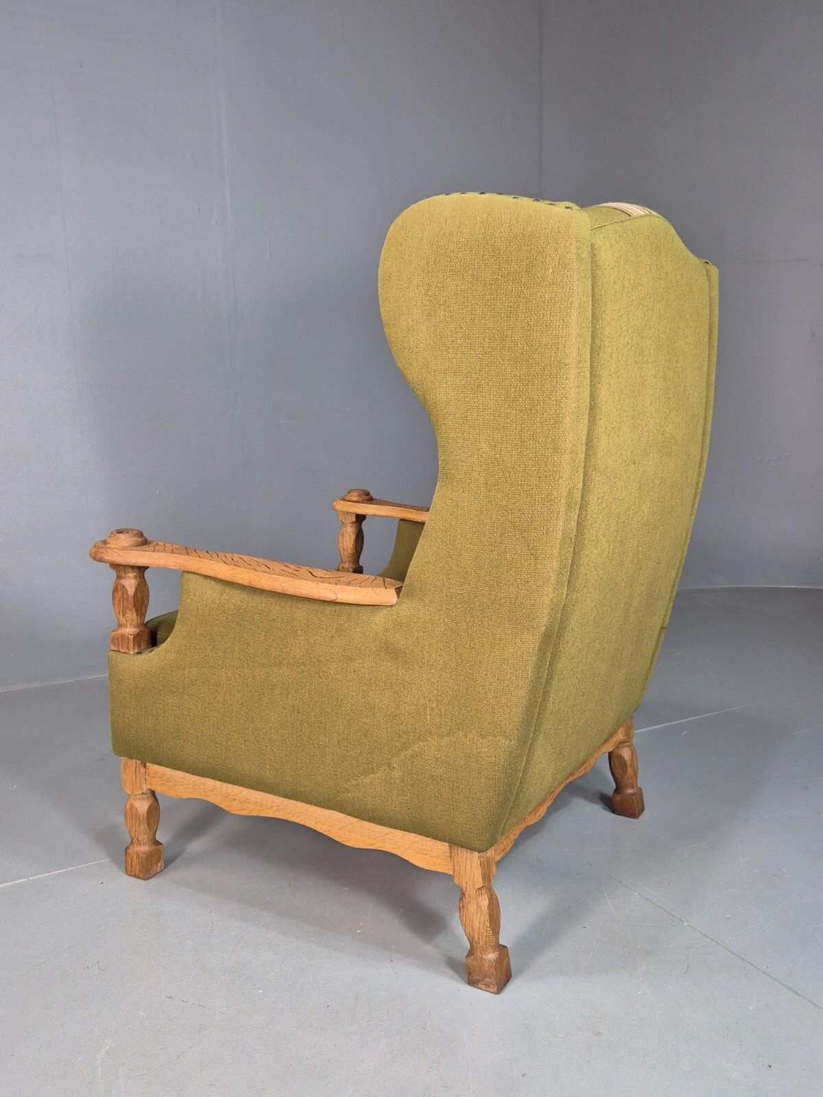 photo buy Vintage Danish Green Striped Wingback Armchair Oak Studded Skippers Eb8044 Mnor