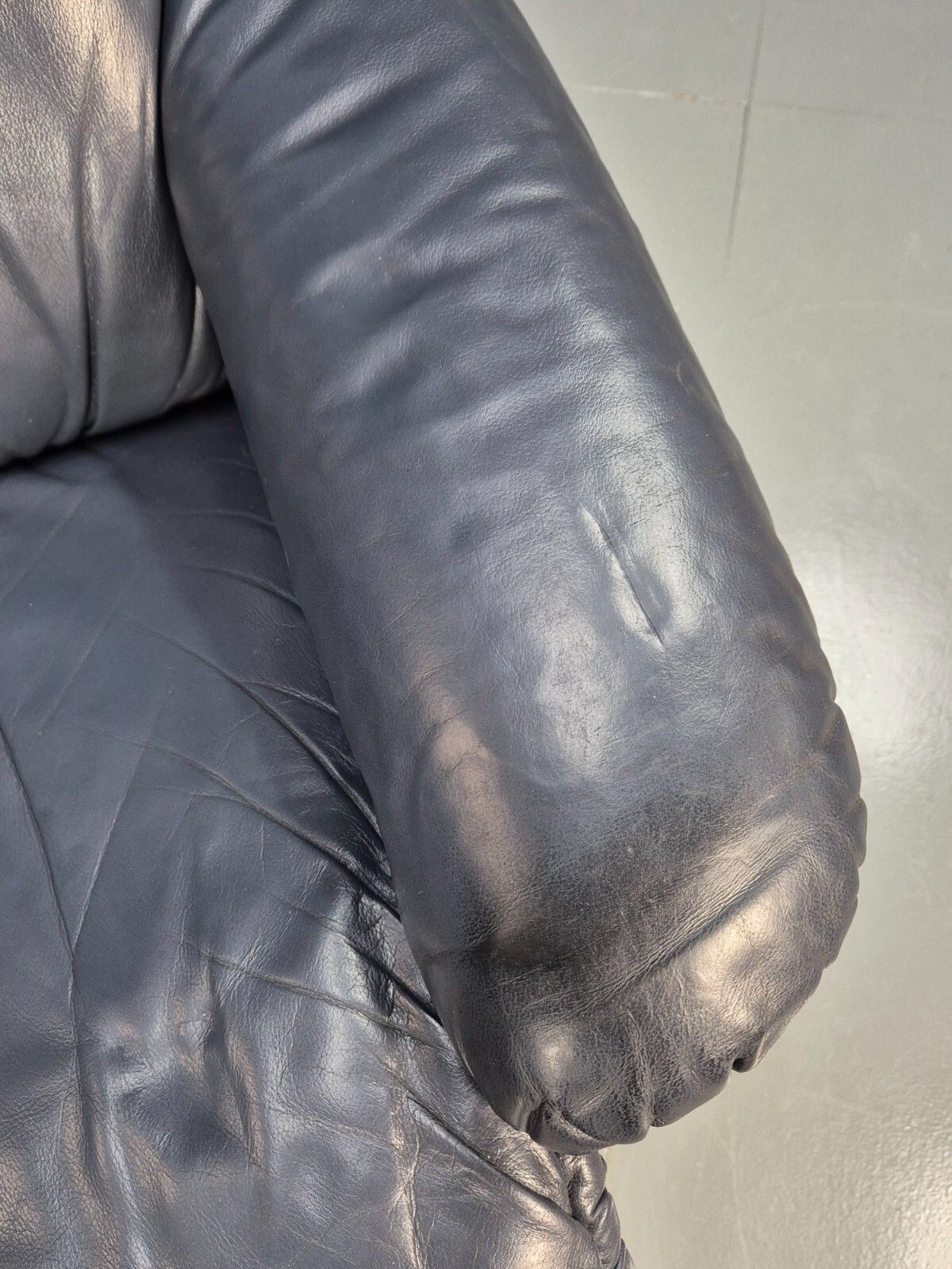 photo vinterior Vintage Danish Swivel Chair Blue Grey Leather Reclines 1980s Retro Eb8465 Mswi