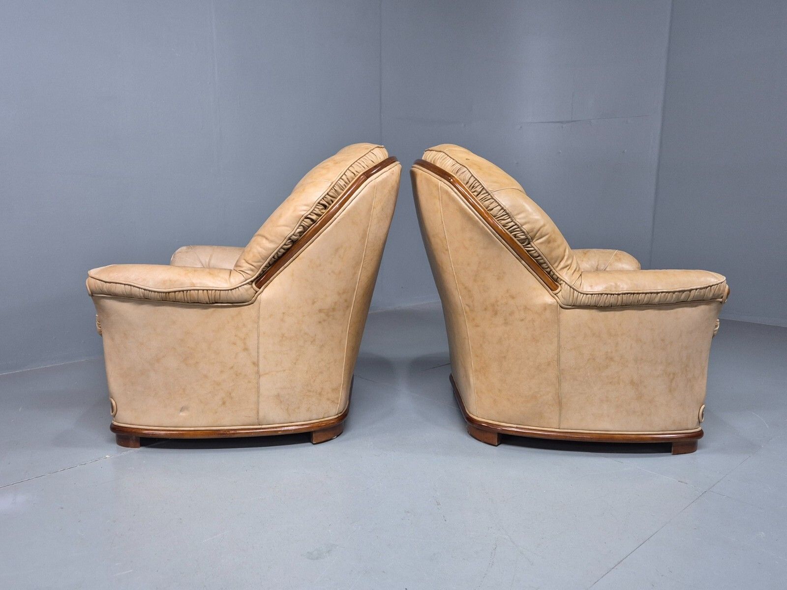 photo furniture 2 Vintage Danish Lounge Chairs Beige Leather Wood Trim 1990s Beeb8287 Vlea