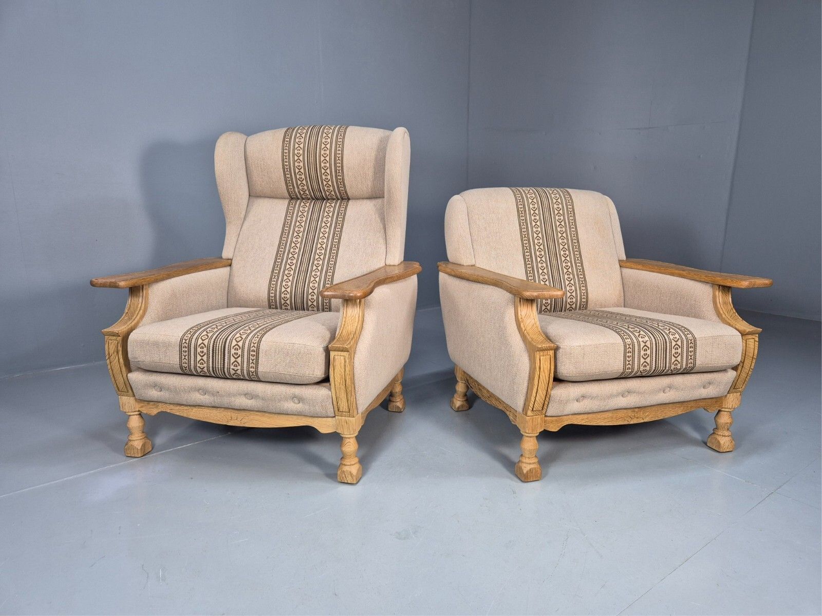 2 Vintage Danish Lounge Chairs Cream Wool Oak Kjaernulf Retro 1970s Eb8020 Mnor