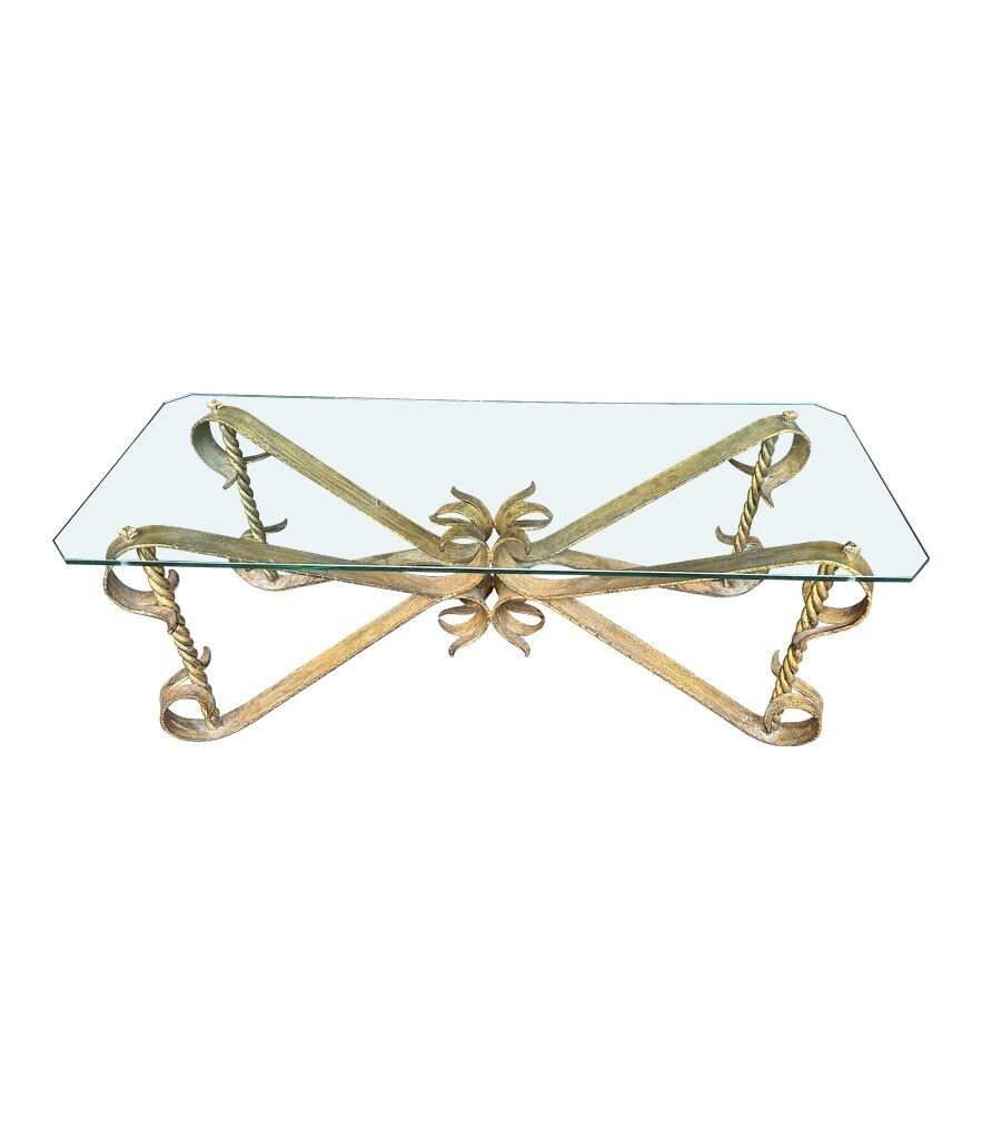 A Spanish 1950s Gilt Wrought Iron Coffee Table With Thick Glass Top photo furniture