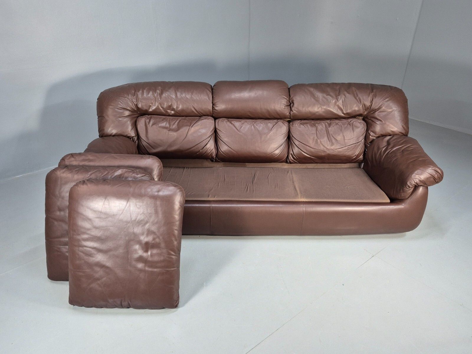 Vintage Swedish 3 Seat Sofa Brown Leather 1970s Retro Mcm Eb7683 M3ss photo vinterior