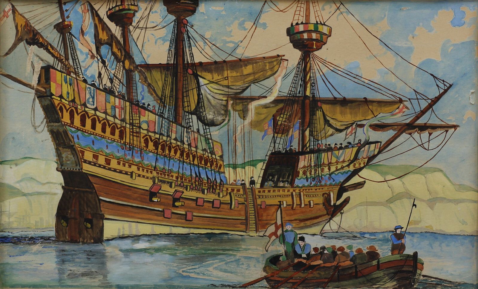 Watercolour And Gouache On Card By W. F. Hill.  Subject Is A Galleon photo furniture