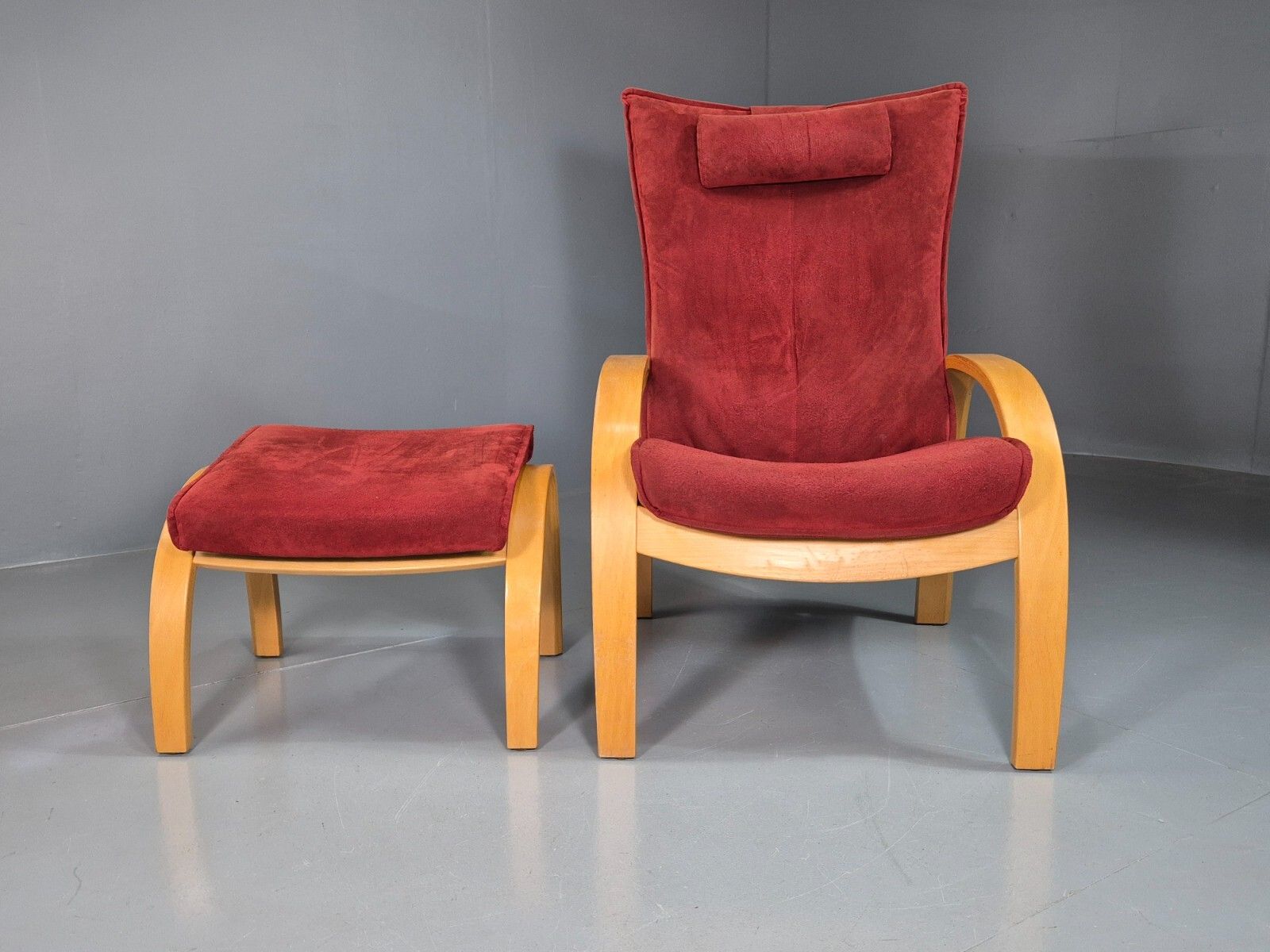 Vintage Danish Lounge Chair Footstool Reclining Red Oak 1980s Retro Eb7438 Mben photo for sale