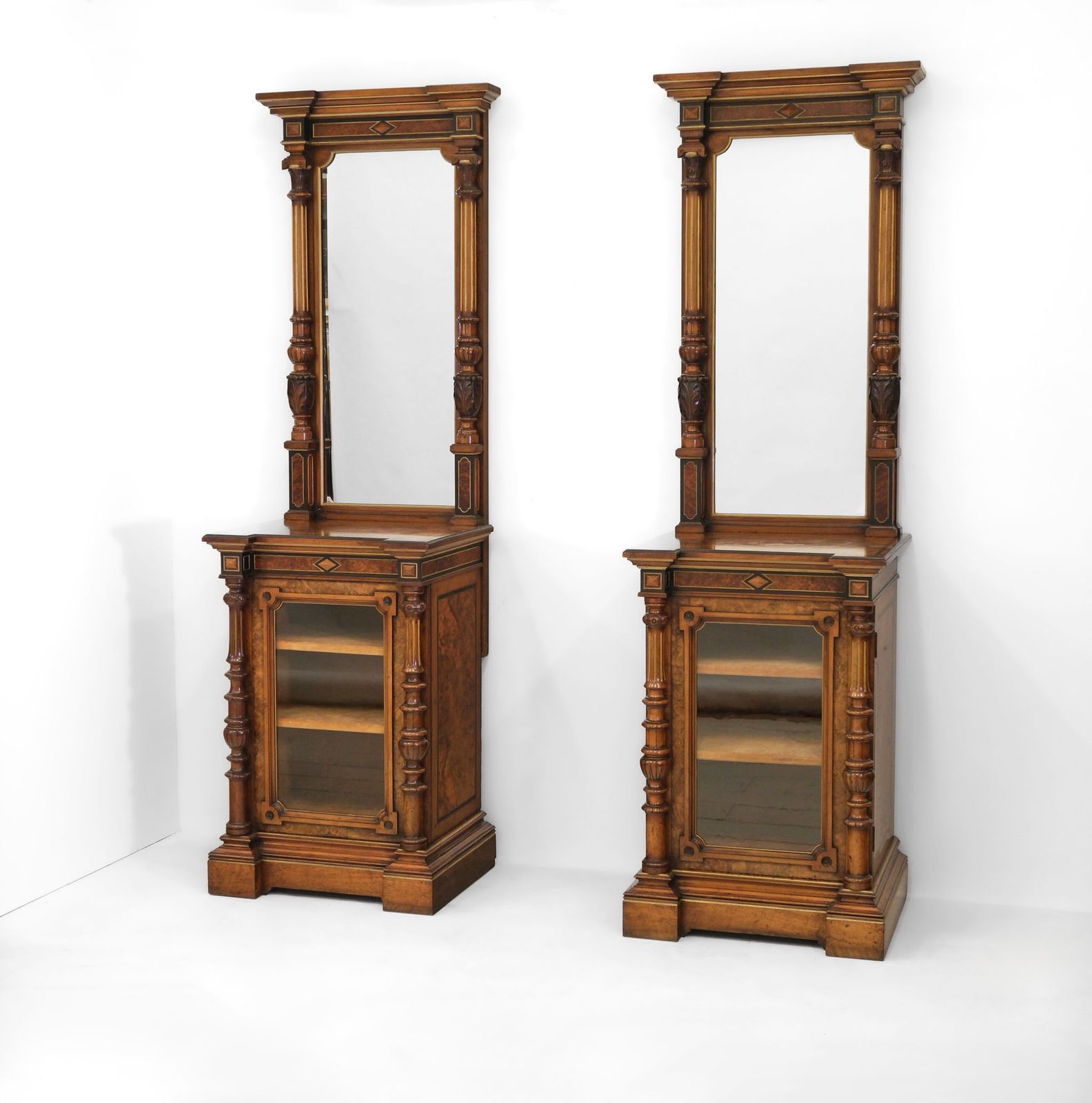 Pair Of Gillows Burr Walnut, Amboyna & Parcel Gilt Cabinets With Mirrors