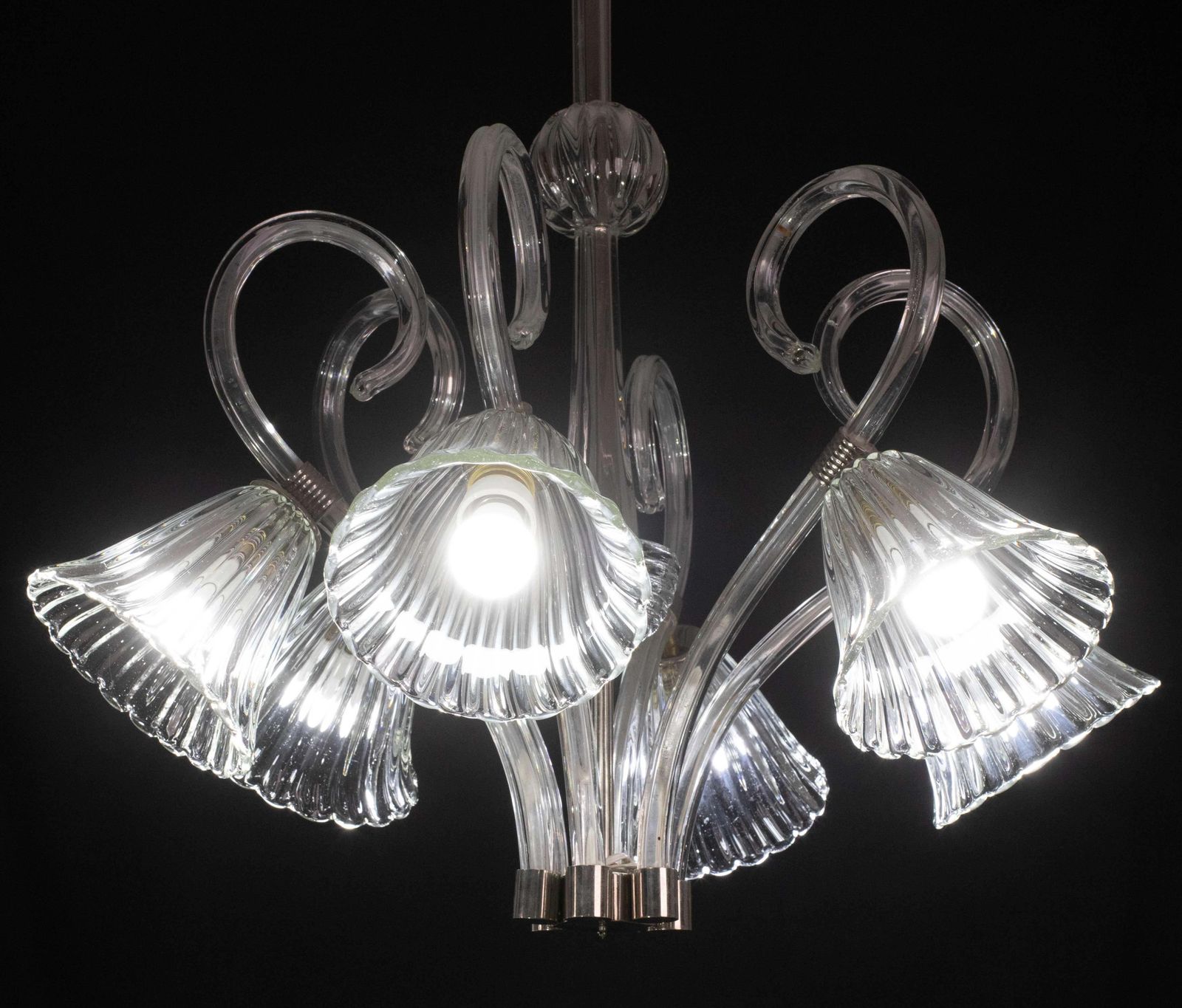 Amazing 6 Light Art Deco Murano Glass And Brass Chrome Chandelier By Barovier photo 5103.0