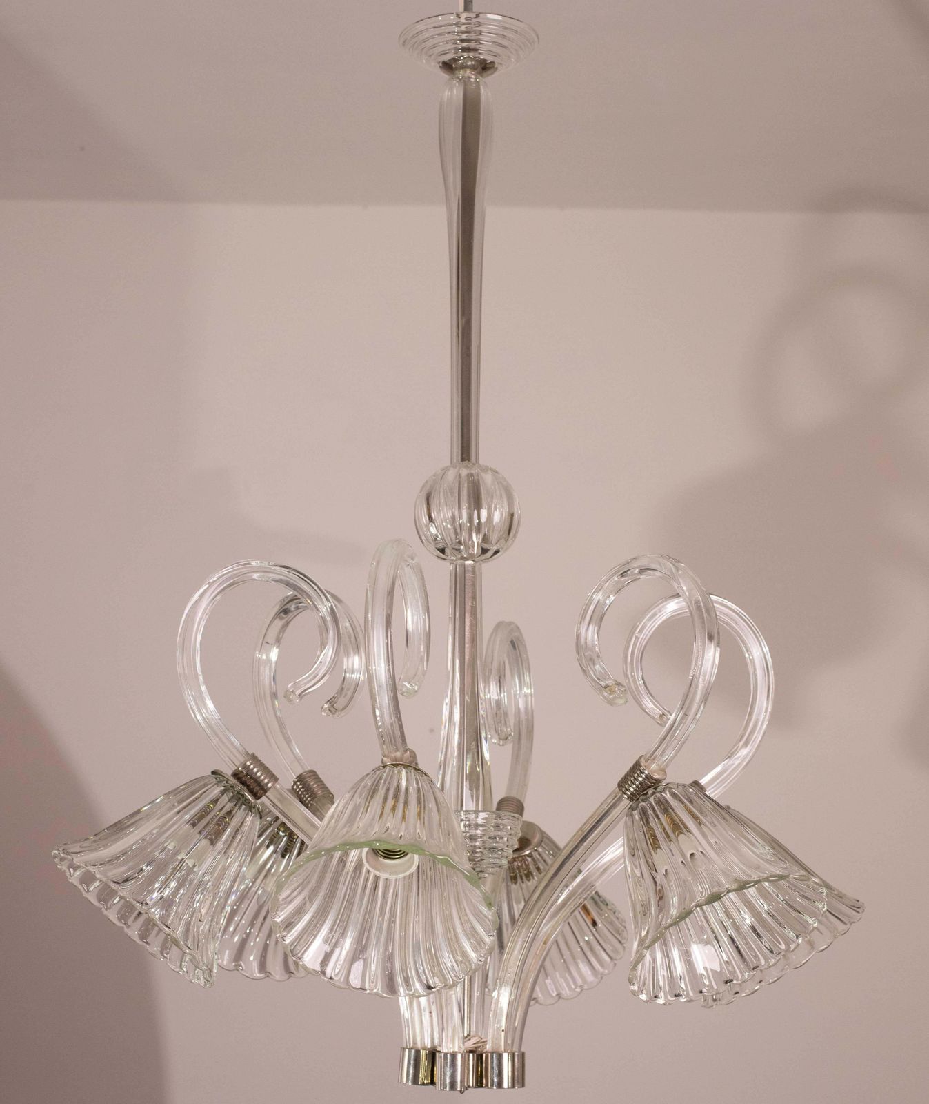 Amazing 6 Light Art Deco Murano Glass And Brass Chrome Chandelier By Barovier photo vintage
