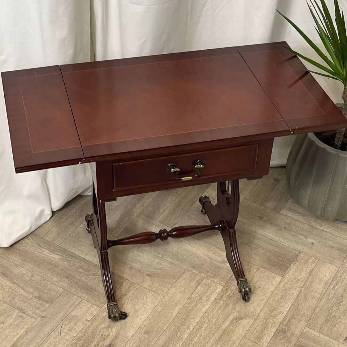 Side Table Drop Leaf Mahogany  1970s Reproduction Brass Lion Claw Feet photo for sale