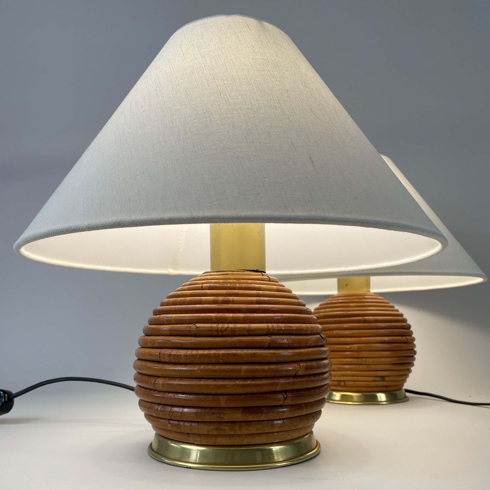 Table Lamps, Pencil Reed Rattan And Brass, Vivai Del Sud Italy 1960s photo vinterior