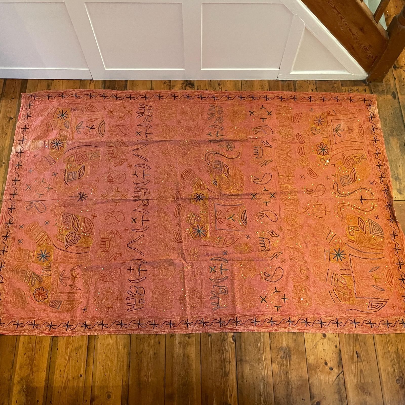 Antique Indian Asian Fabric Throw Blanket Hand Sewn Embroidered Pattern Cover Handmade Tapestry Bedding 217x144cm Quilt Orange Fabric photo 95.0