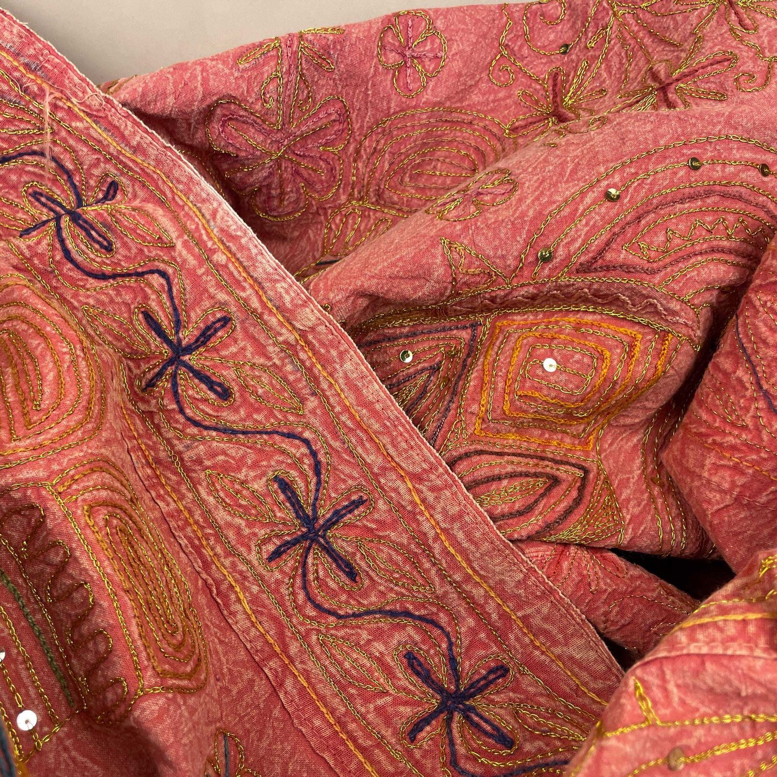 photo for sale Antique Indian Asian Fabric Throw Blanket Hand Sewn Embroidered Pattern Cover Handmade Tapestry Bedding 217x144cm Quilt Orange Fabric