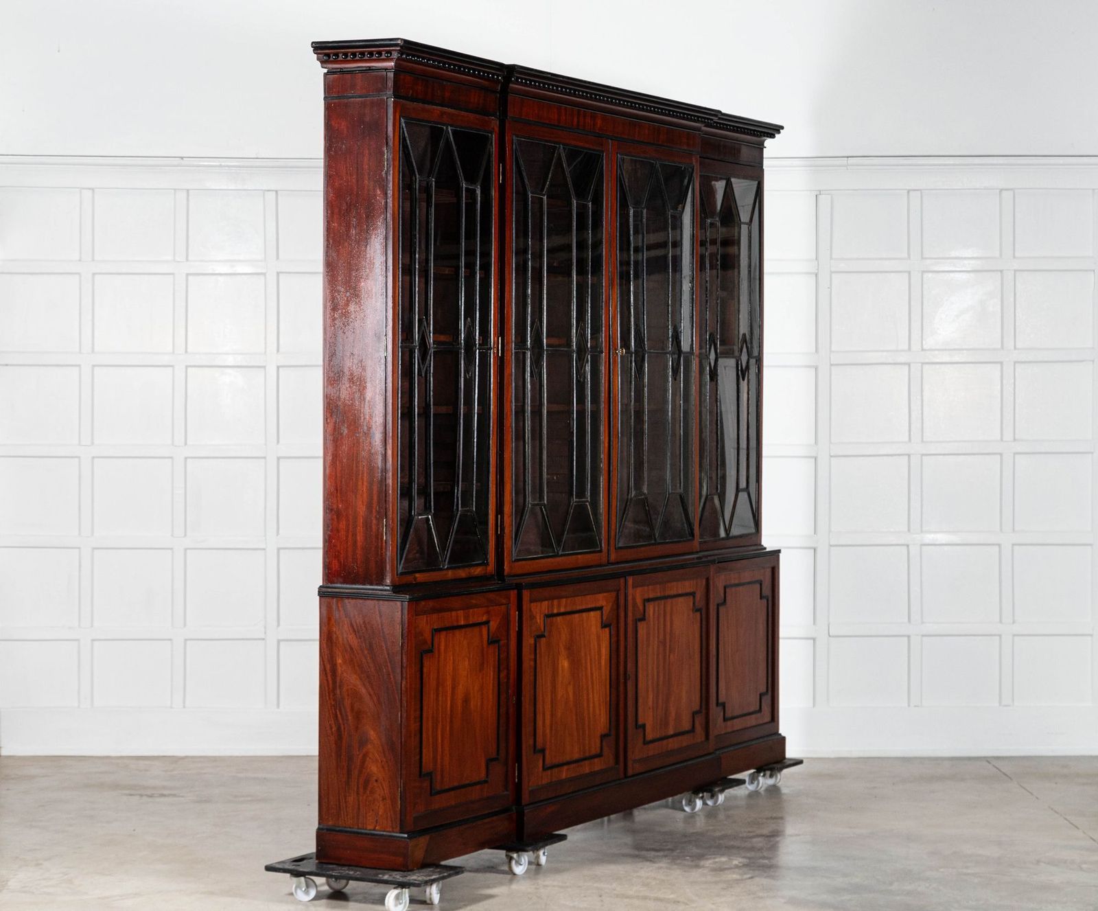 Monumental Irish Georgian Ebonised Mahogany & Astral Glazed Breakfront Bookcase   photo for sale