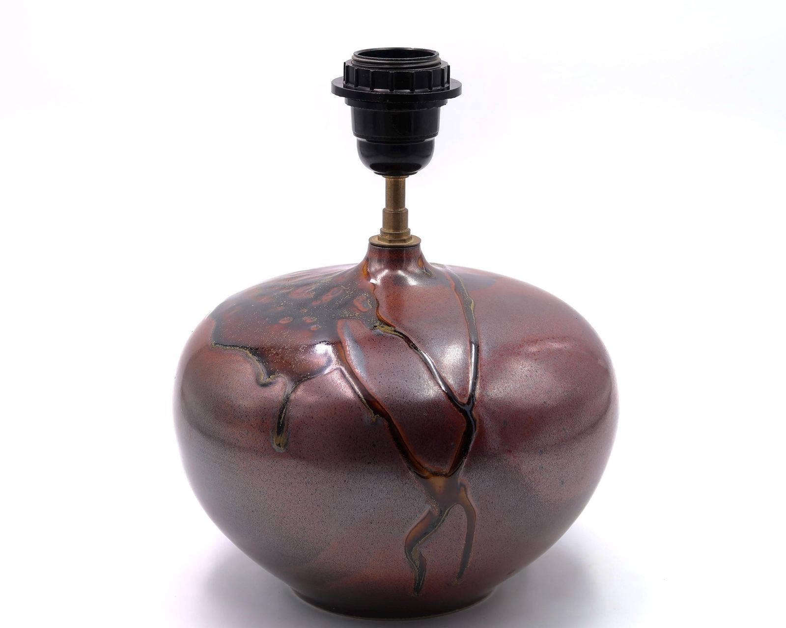 French Ceramic Table Lampe By Jean Cacheleux, Abstract Decor, 1970s / Modernist, Fat Lava, Mid Century Modern Made In France, Brown Burgundy