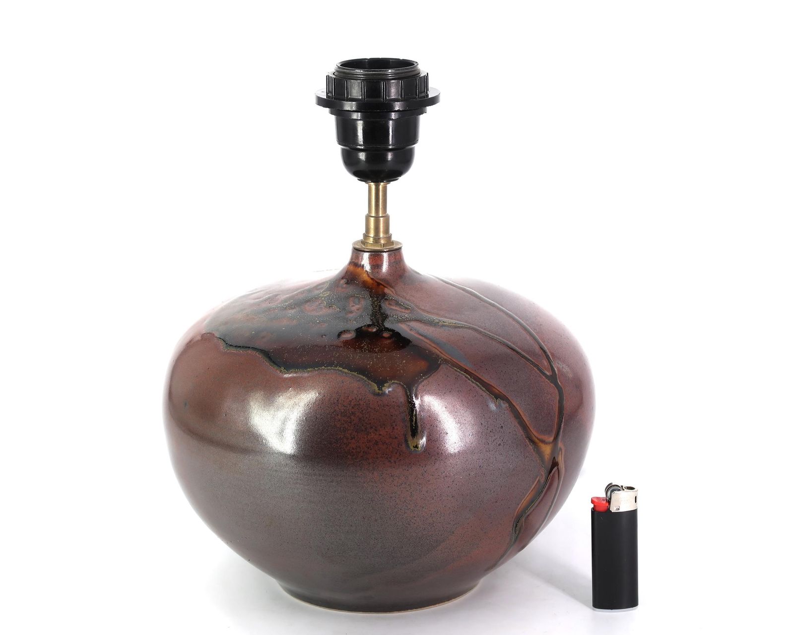 French Ceramic Table Lampe By Jean Cacheleux, Abstract Decor, 1970s / Modernist, Fat Lava, Mid Century Modern Made In France, Brown Burgundy photo furniture