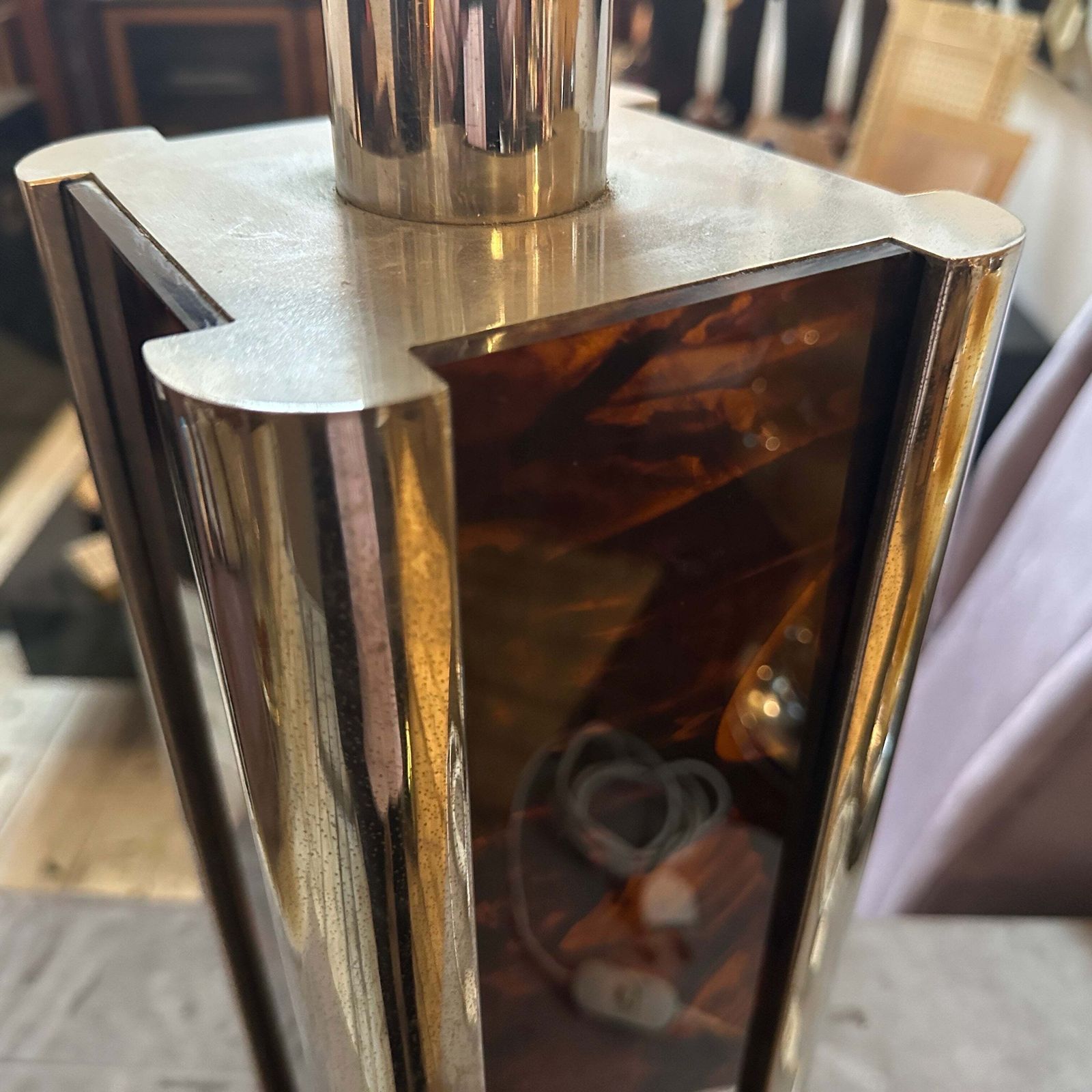 1970s Mid Century Modern Fake Tortoiseshell Lucite And Silver Plate Table Lamp photo furniture