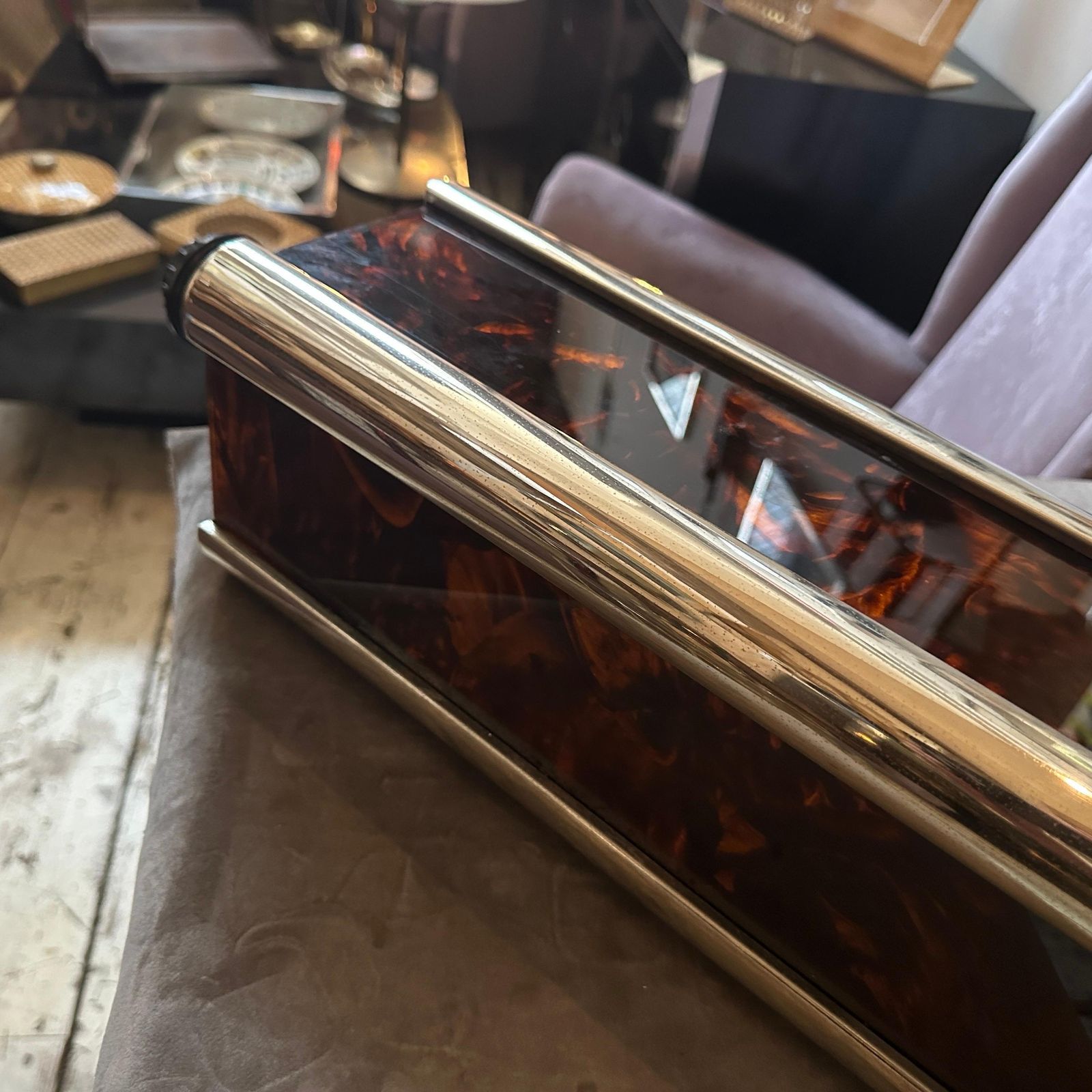 1970s Mid Century Modern Fake Tortoiseshell Lucite And Silver Plate Table Lamp photo Lighting