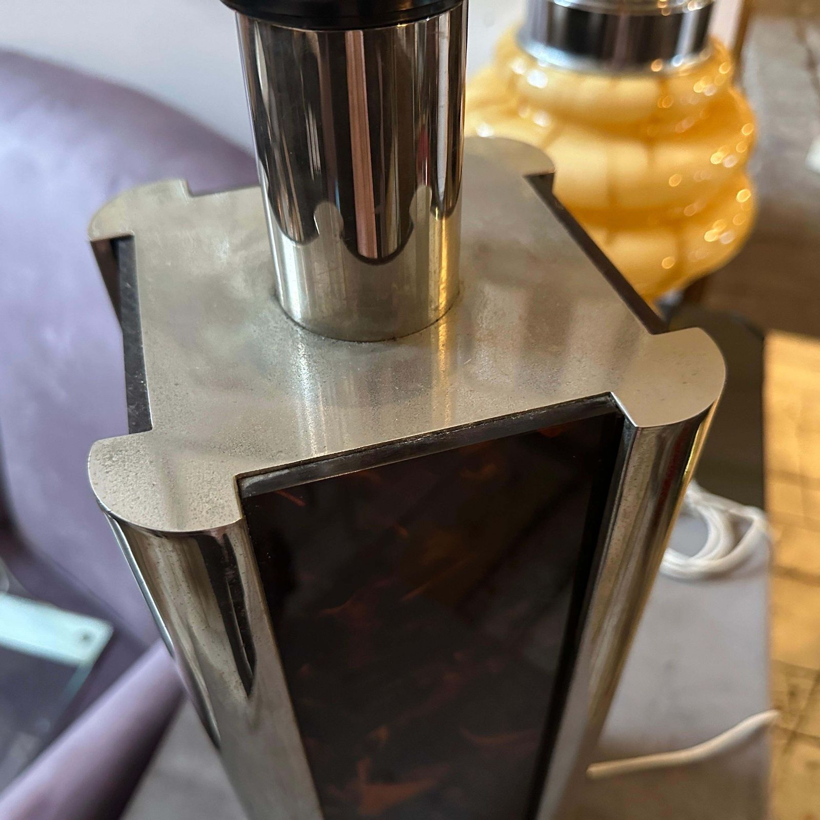 photo furniture 1970s Mid Century Modern Fake Tortoiseshell Lucite And Silver Plate Table Lamp