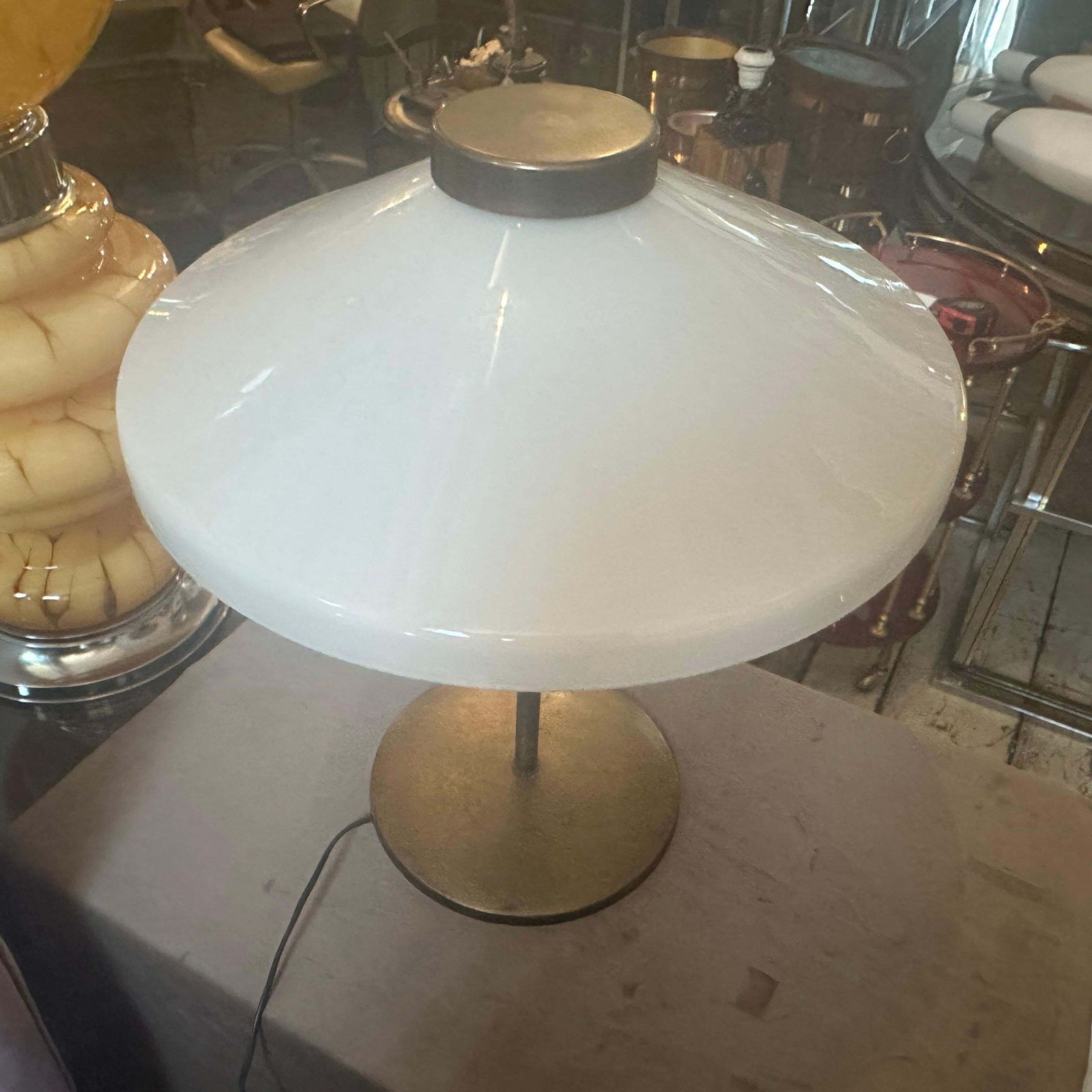 photo for sale 1950 Oscar Torlasco Style Mid Century Modern Brass And Glass Italian Table Lamp