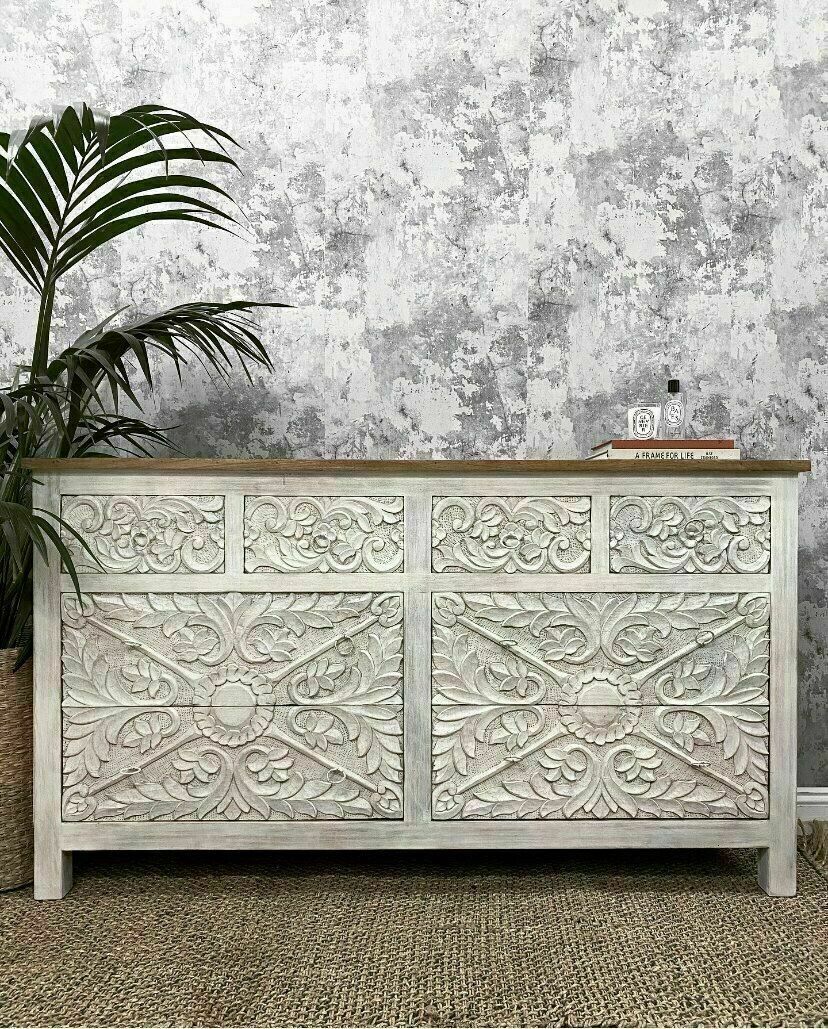 Hand Carved White Mango Wood Decorative Chest Of Drawers photo furniture