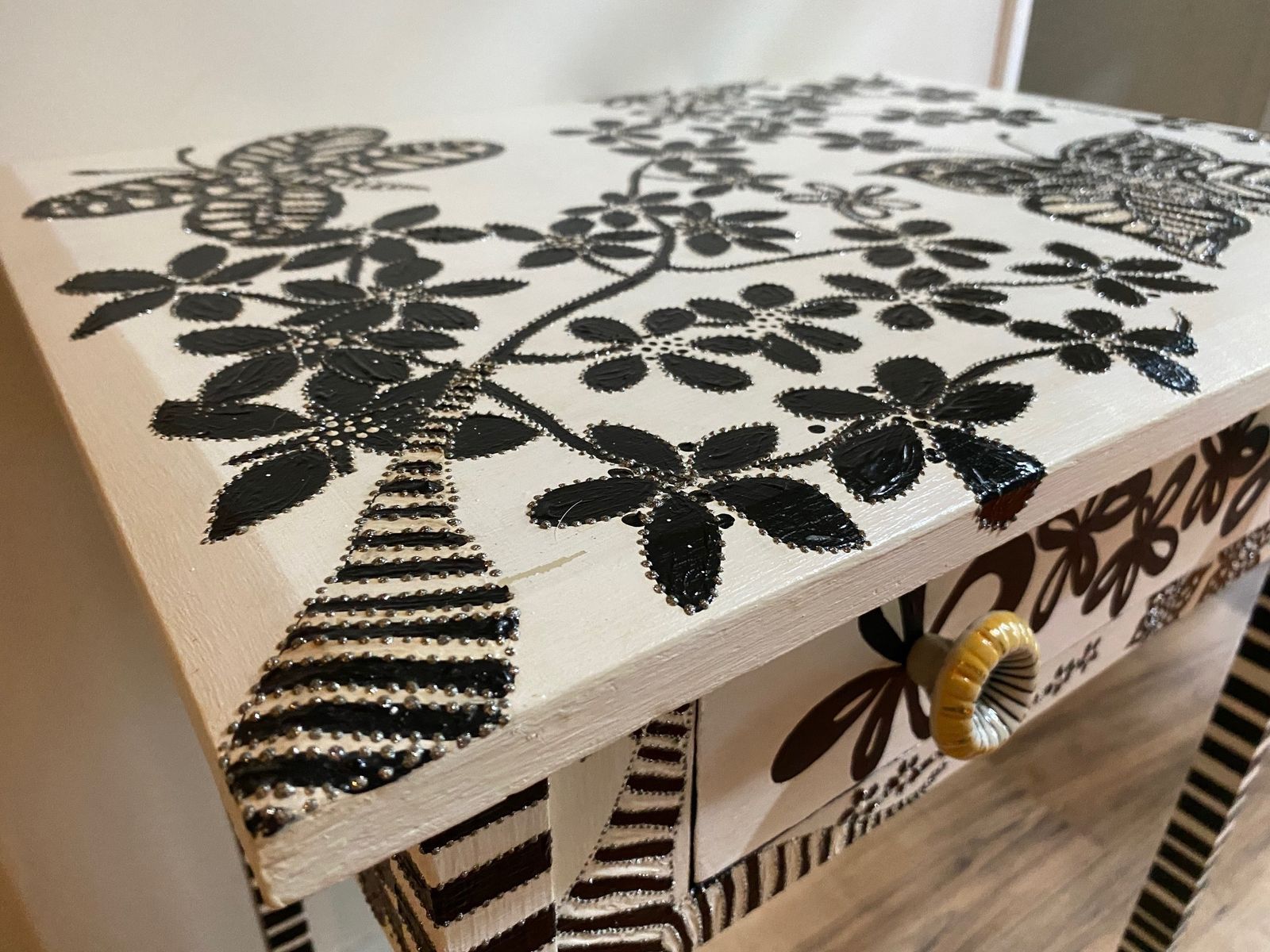 Black And White Hand Painted Blooms And Butterflies Side Table With Embellishments photo Furniture