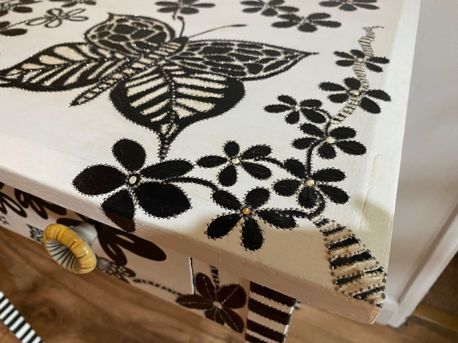 1200.0 Black And White Hand Painted Blooms And Butterflies Side Table With Embellishments photo