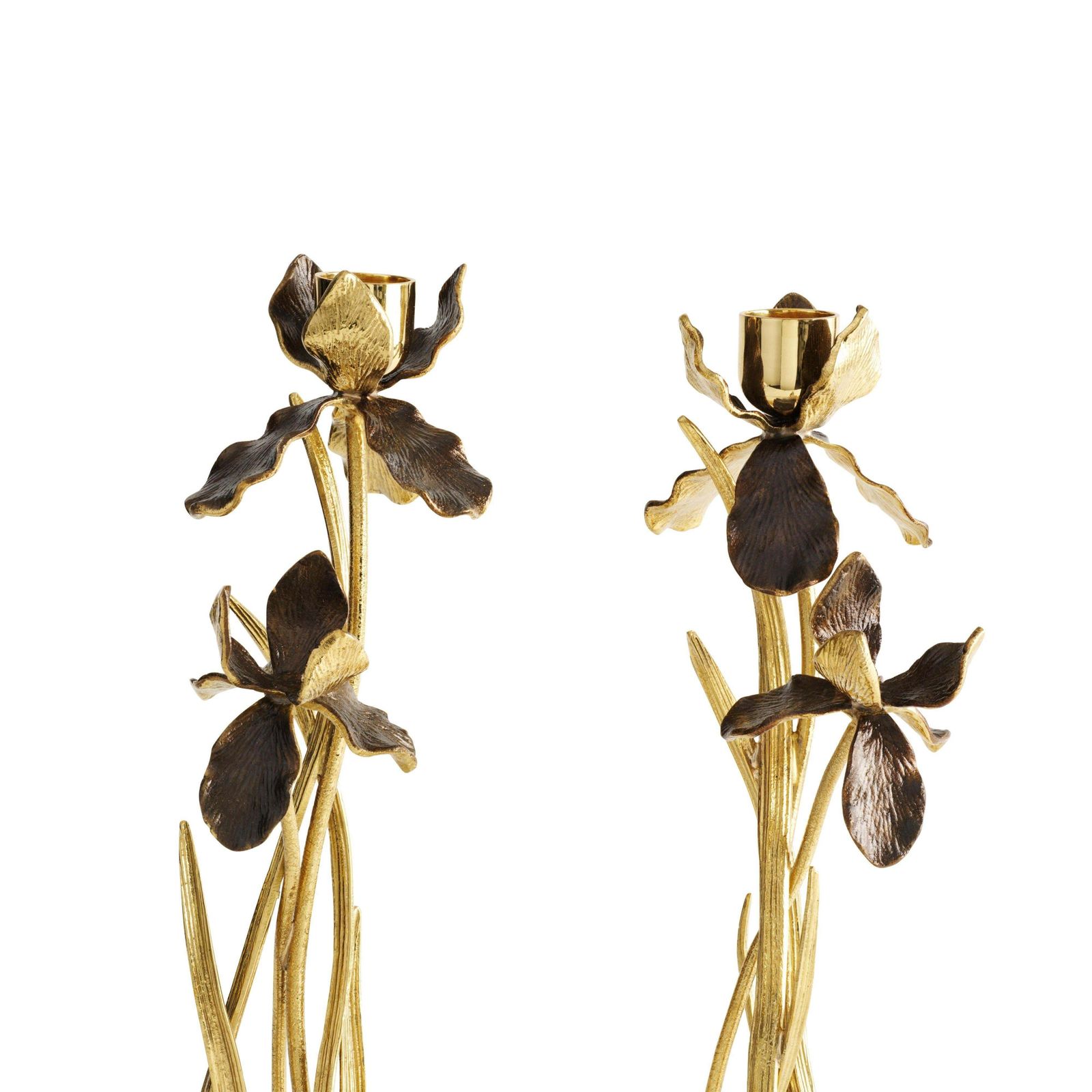 Pair Of Candlesticks With Iris Design, Gilt Metal, Patina And Marble Base. photo furniture