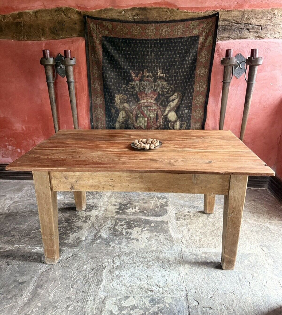 Original English Antique Pine Rustic Farmhouse Kitchen Plank Dining Table 1800's
