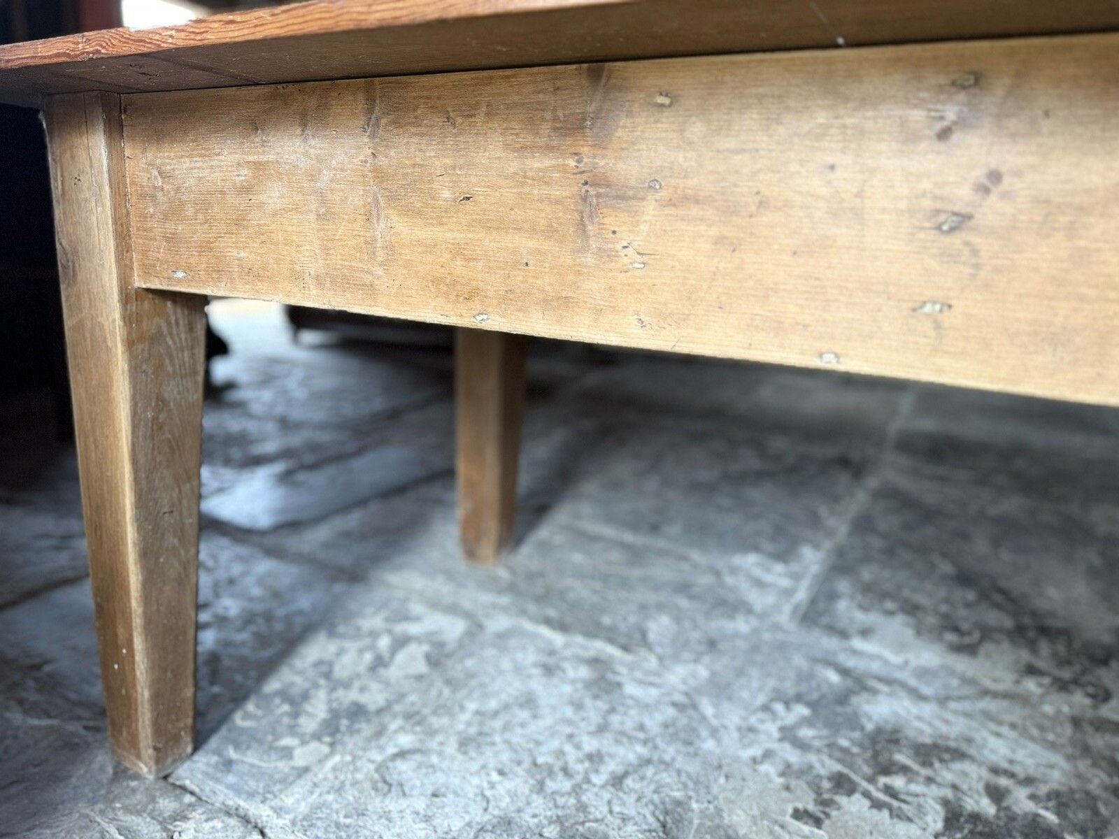 Furniture Original English Antique Pine Rustic Farmhouse Kitchen Plank Dining Table 1800's photo