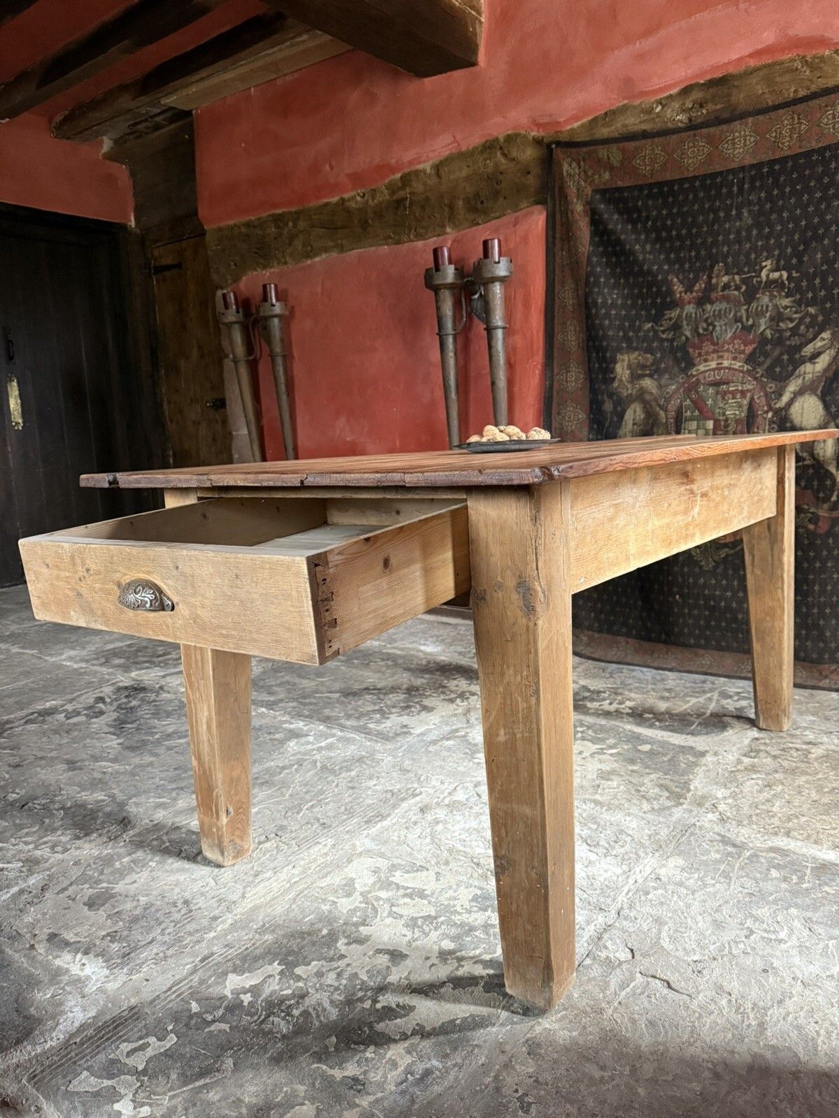 photo vinterior Original English Antique Pine Rustic Farmhouse Kitchen Plank Dining Table 1800's