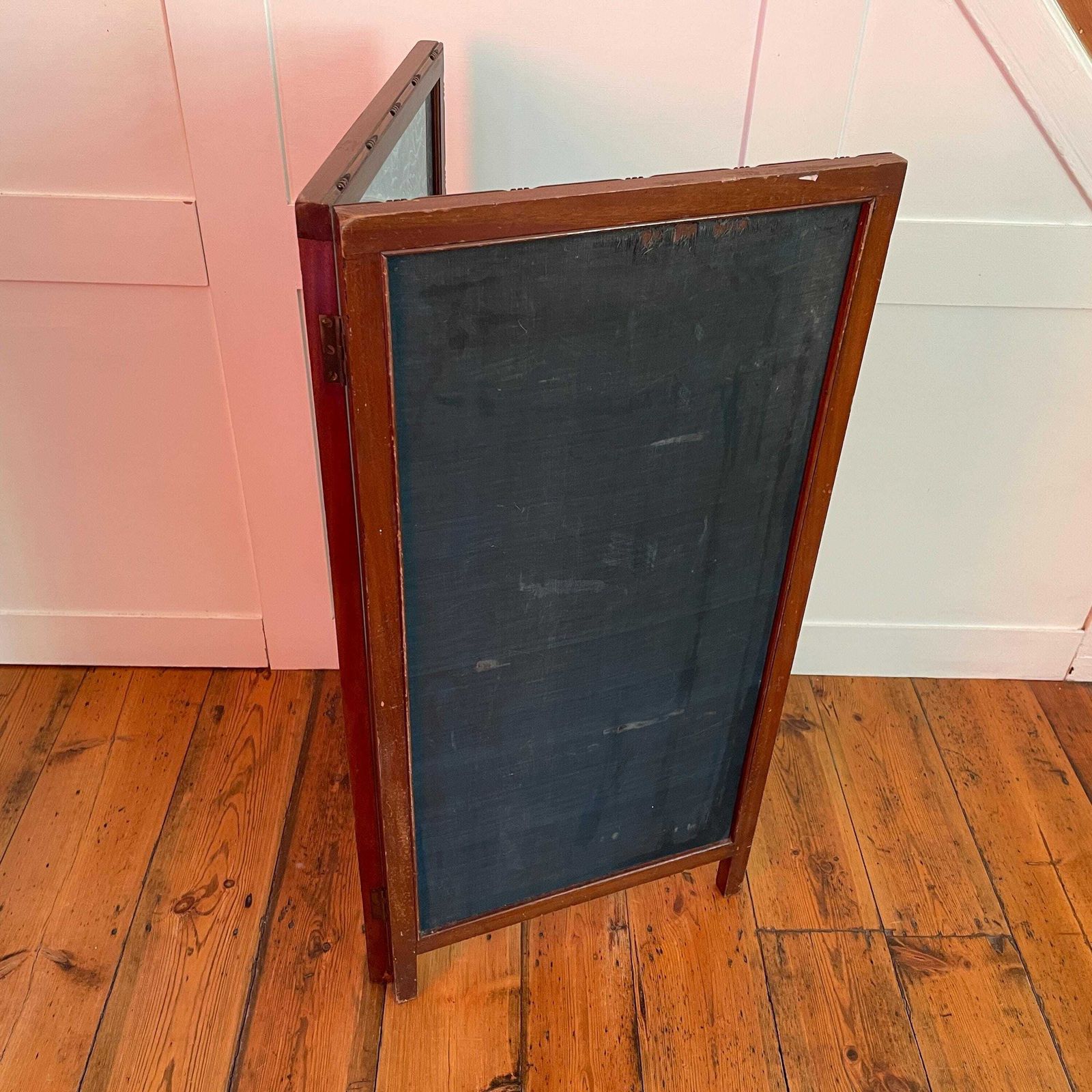 Antique Oriental Chinese Fireguard Fireplace Screen Wooden Frame Vintage Fire Guard Patterned Devore Fabric Blue Pattern Wood Freestanding photo vinterior