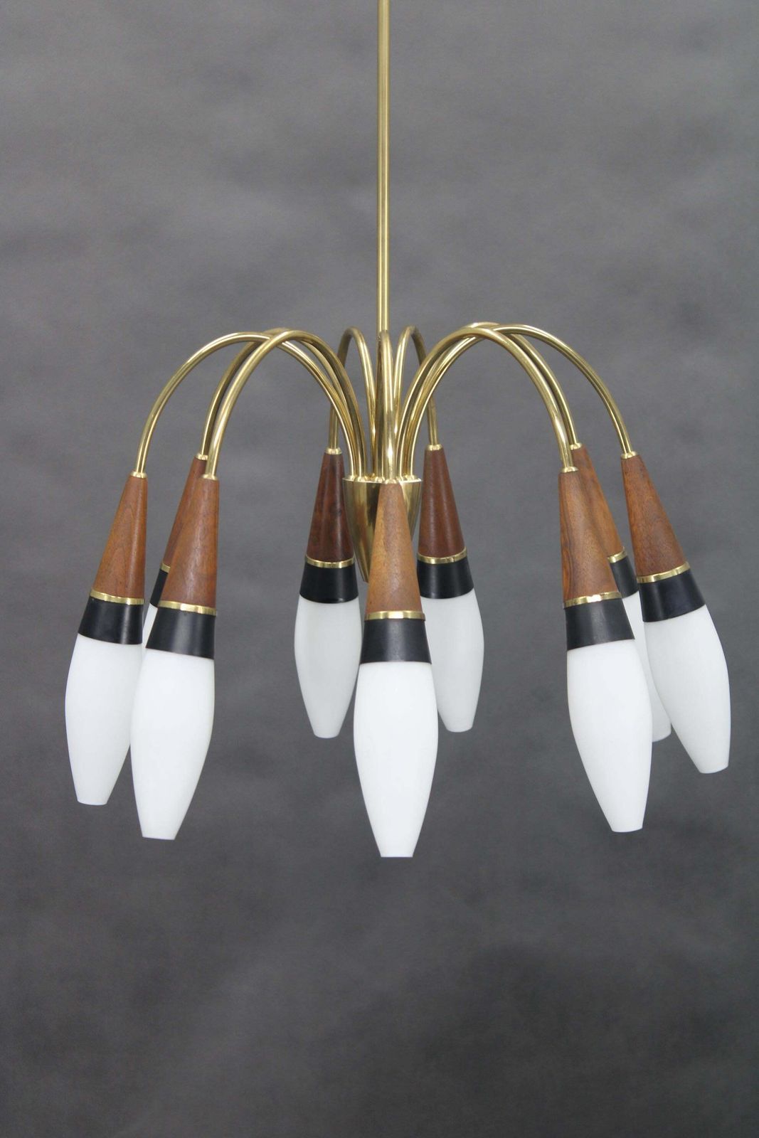 1960s Rupert Nikoll Brass And Teak Opaline Glass Chandelier , Austria photo vinterior
