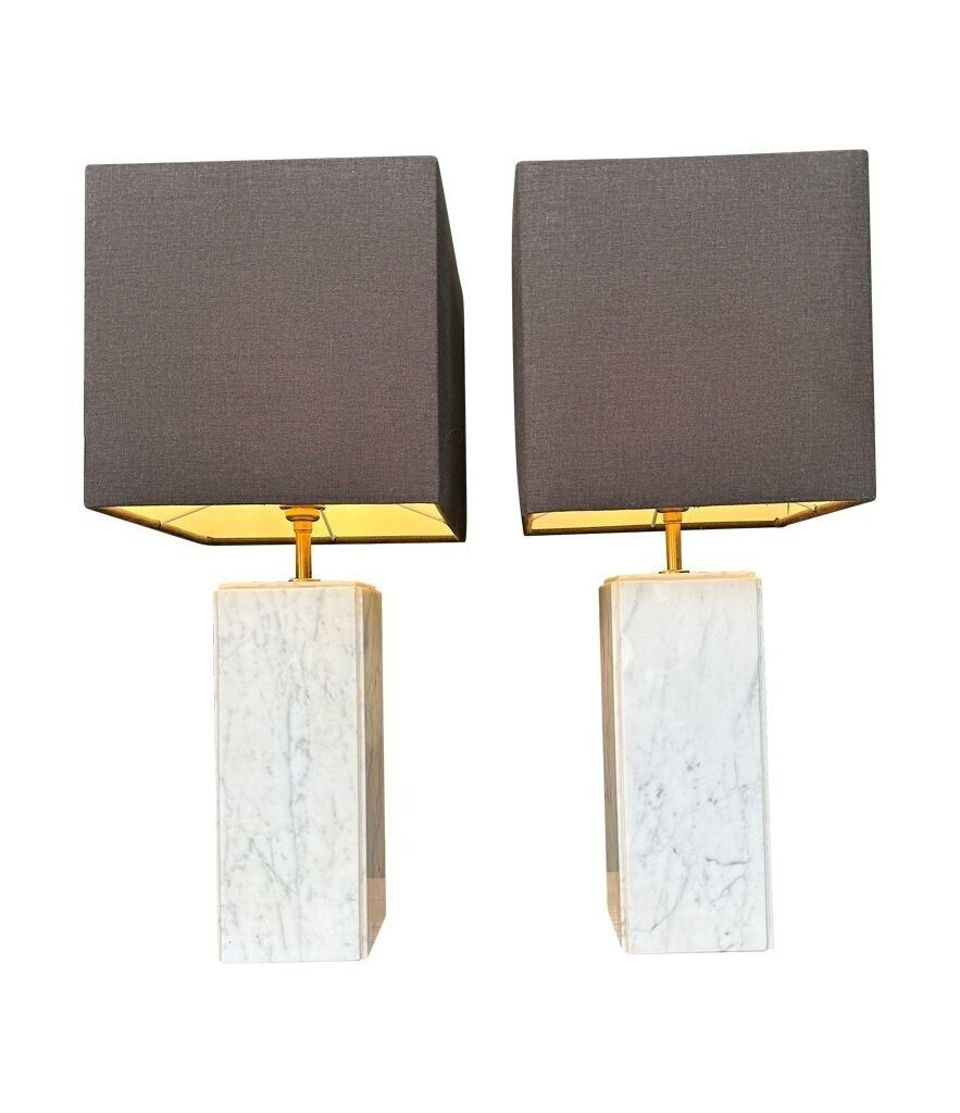 A Pair Of 1970s Belgian Carrera Marble Lamps By Porcelaine De Bruxelles photo vinterior