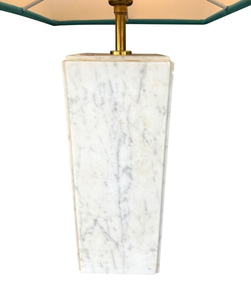 photo for sale A Pair Of 1970s Belgian Carrera Marble Lamps By Porcelaine De Bruxelles