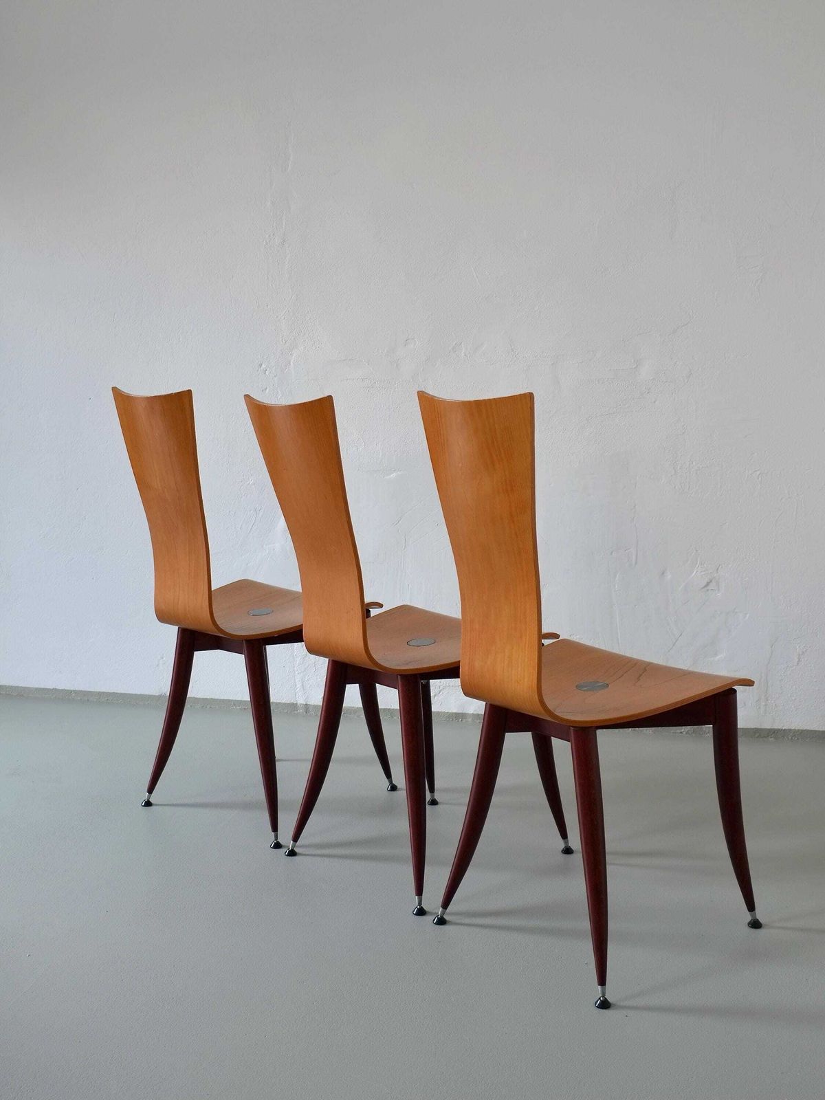 3 Plywood Burgundy Legs Chairs | Italy | 1980s photo furniture