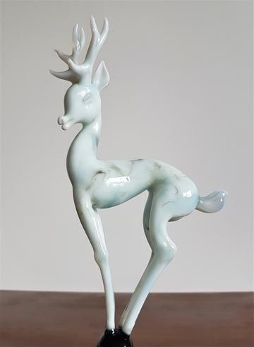 Istvan Komaromy Art Deco Lampworked Blue Glass Stag Sculpture On Marble Plinth Base, 1950s, British photo furniture