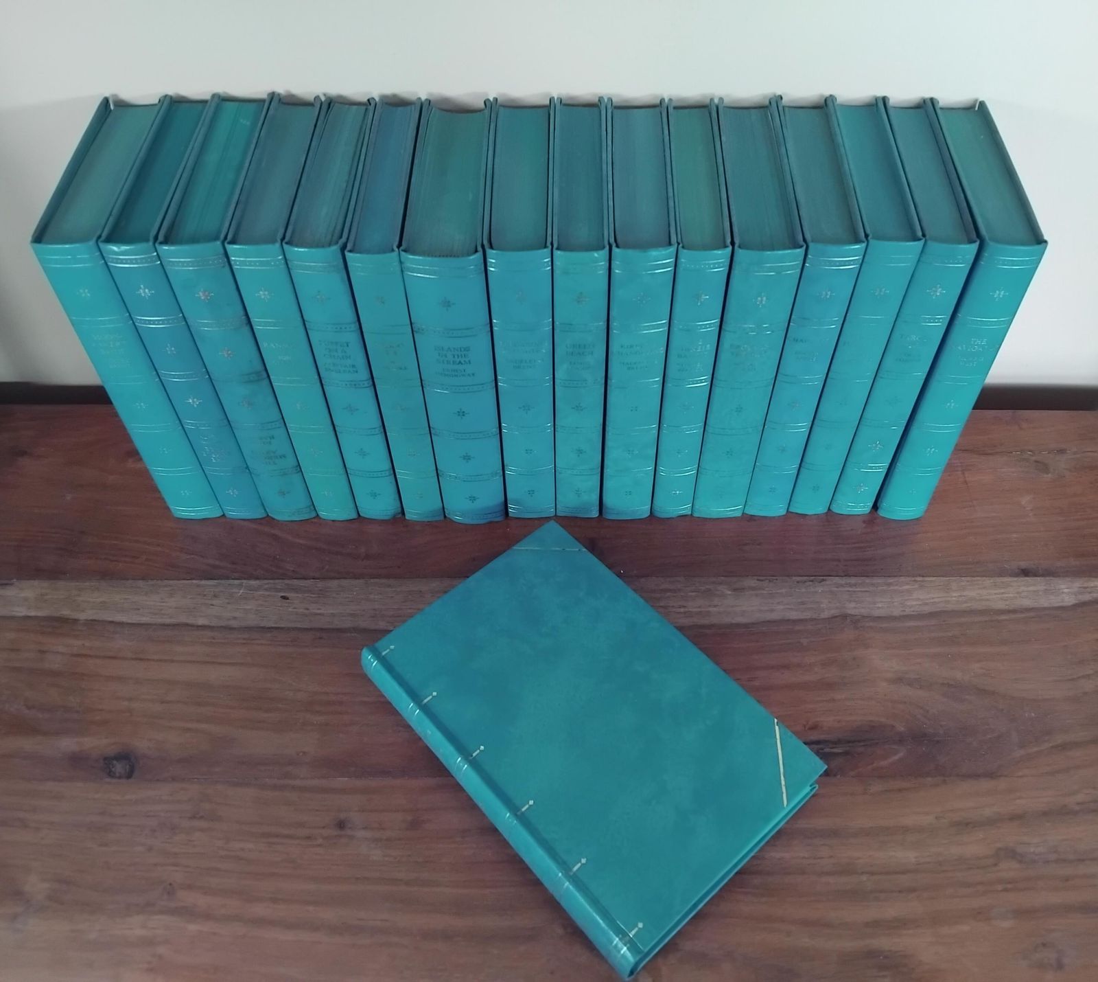 A Wonderful Decorative Collection Of 16 Novels With Beautiful Turquoise Gilded Covers, Companion Book Club, 1970's photo furniture