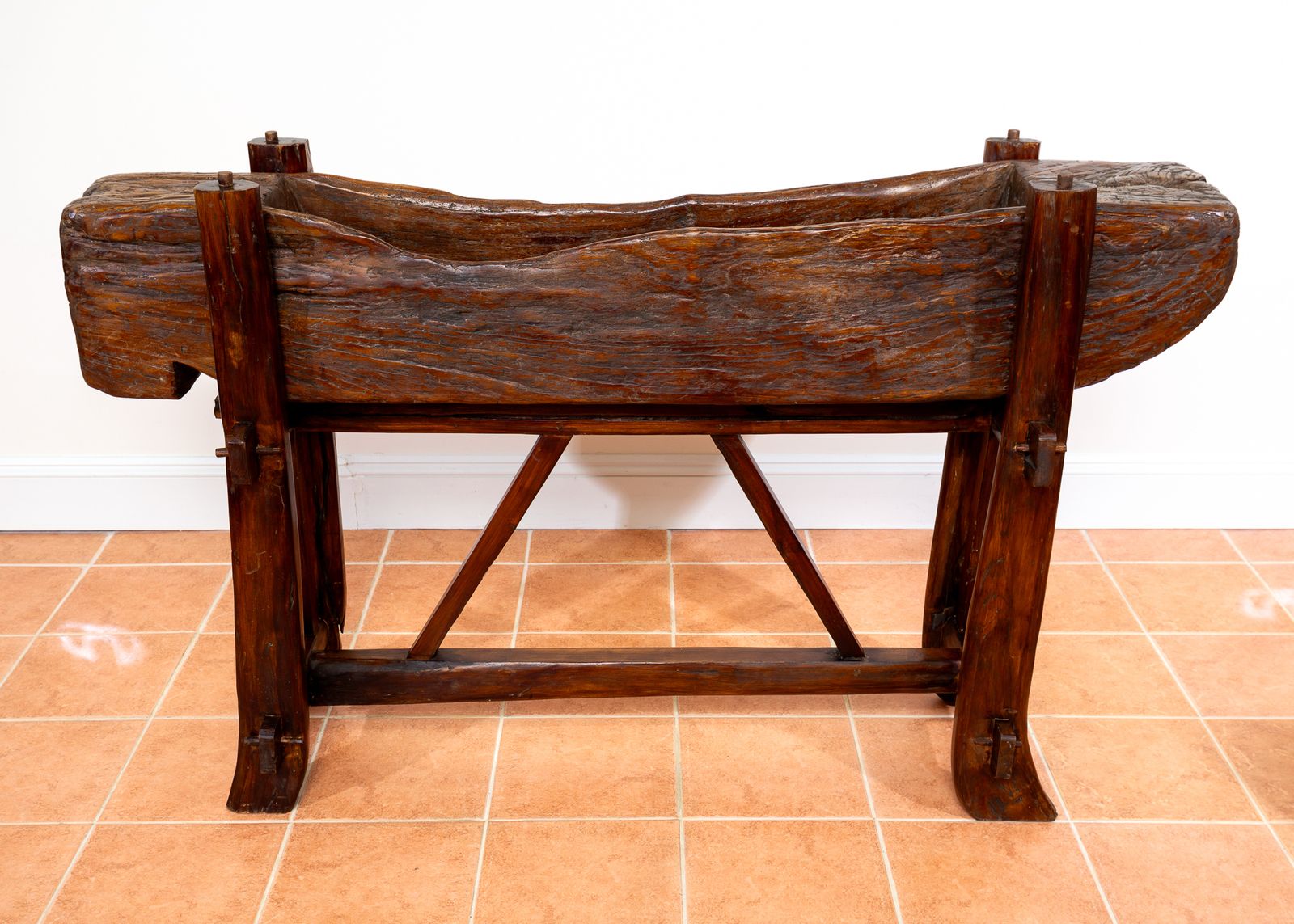 photo vintage Large Trough Planter On Stand Rustic French Brutalist Xl European Antiqu.E Oak Tree Trun.K Teak Mid Century Serving Bar Consol.E Tabl.E