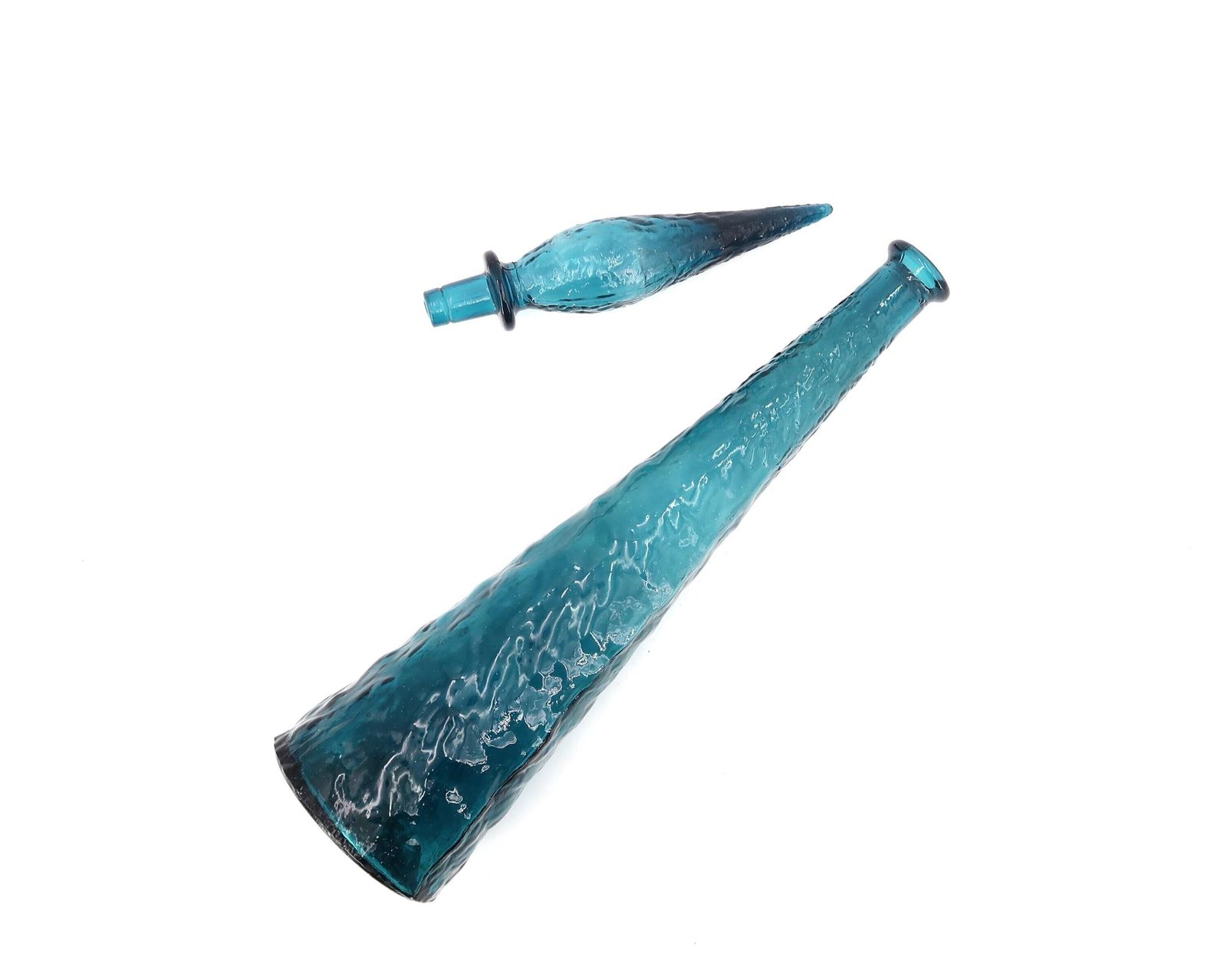 Rare Blue Glass Empoli Genie Bottle, Italian Decanter, 1960s / Boho Chic, Bohemian, Folk, Made In Italy
