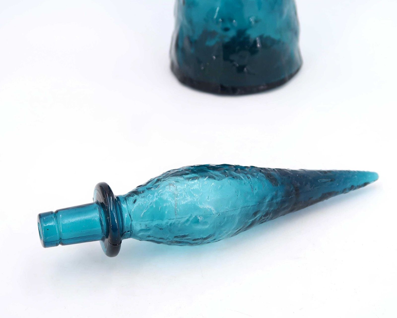 Rare Blue Glass Empoli Genie Bottle, Italian Decanter, 1960s / Boho Chic, Bohemian, Folk, Made In Italy photo 616.0