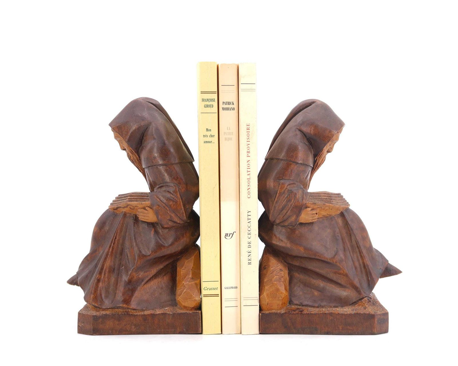 French Sculptural Carved Wood Bookends, Monks Reading, 1980s / Dark Wood, Sculpture, Art, Book End, Monastery photo furniture