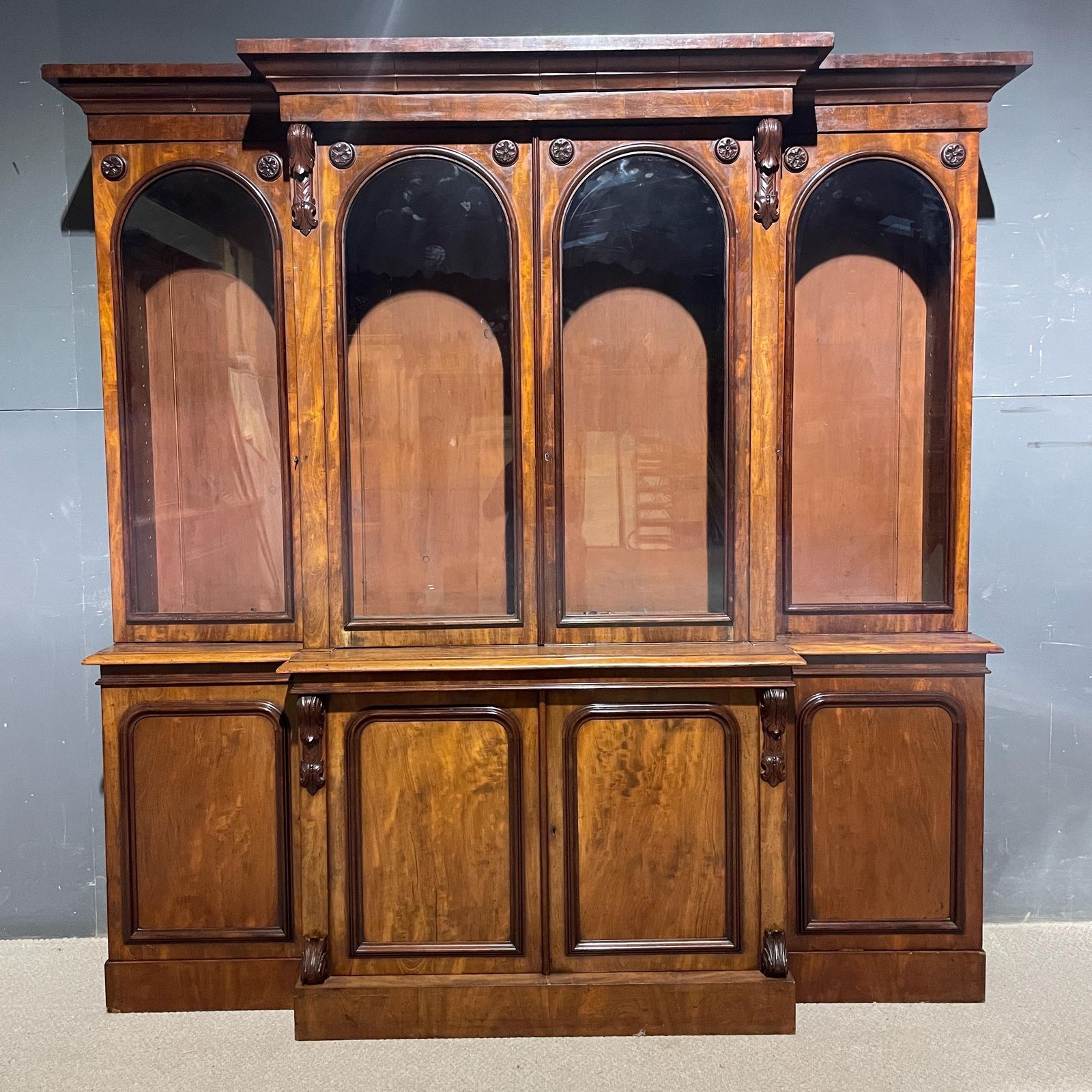 Victorian Large 4 Door Glazed Mahogany Bookcase With Lower Storage Cupboards