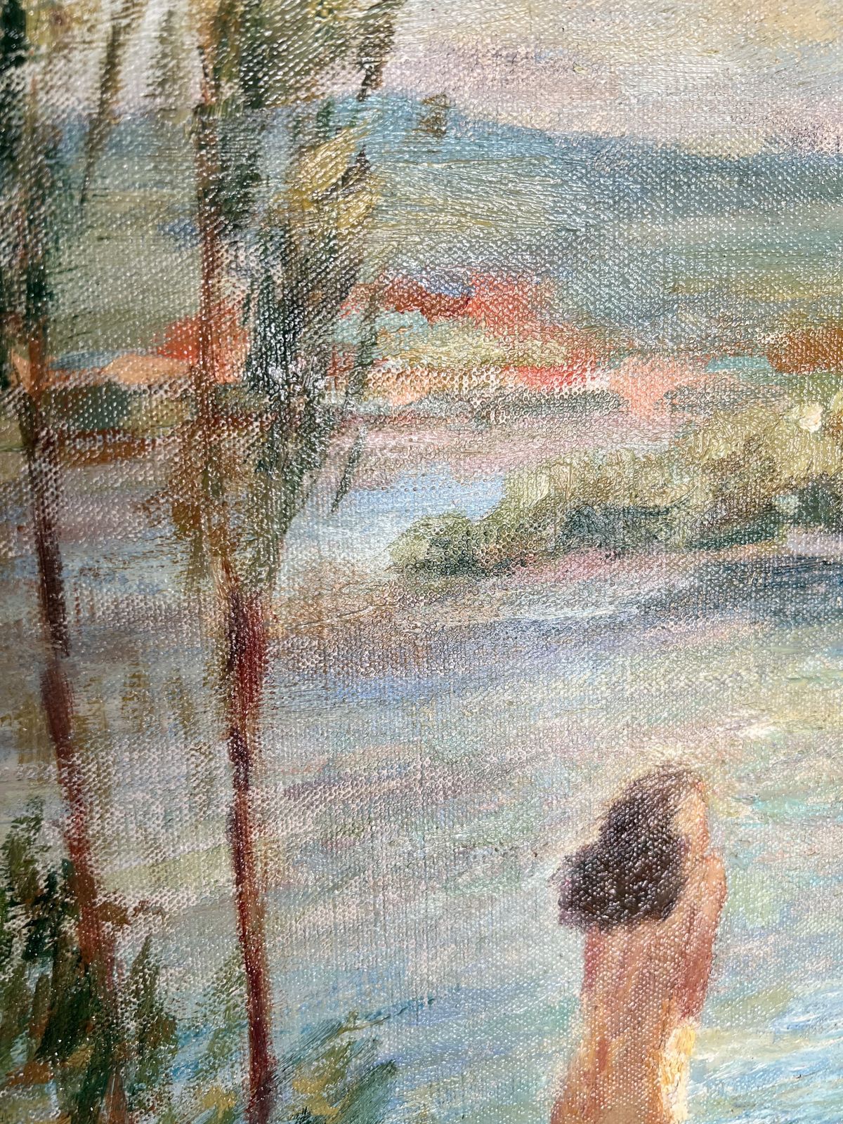 Georges Binet   The Bathers, Oil On Canvas Landscape Painting photo vintage
