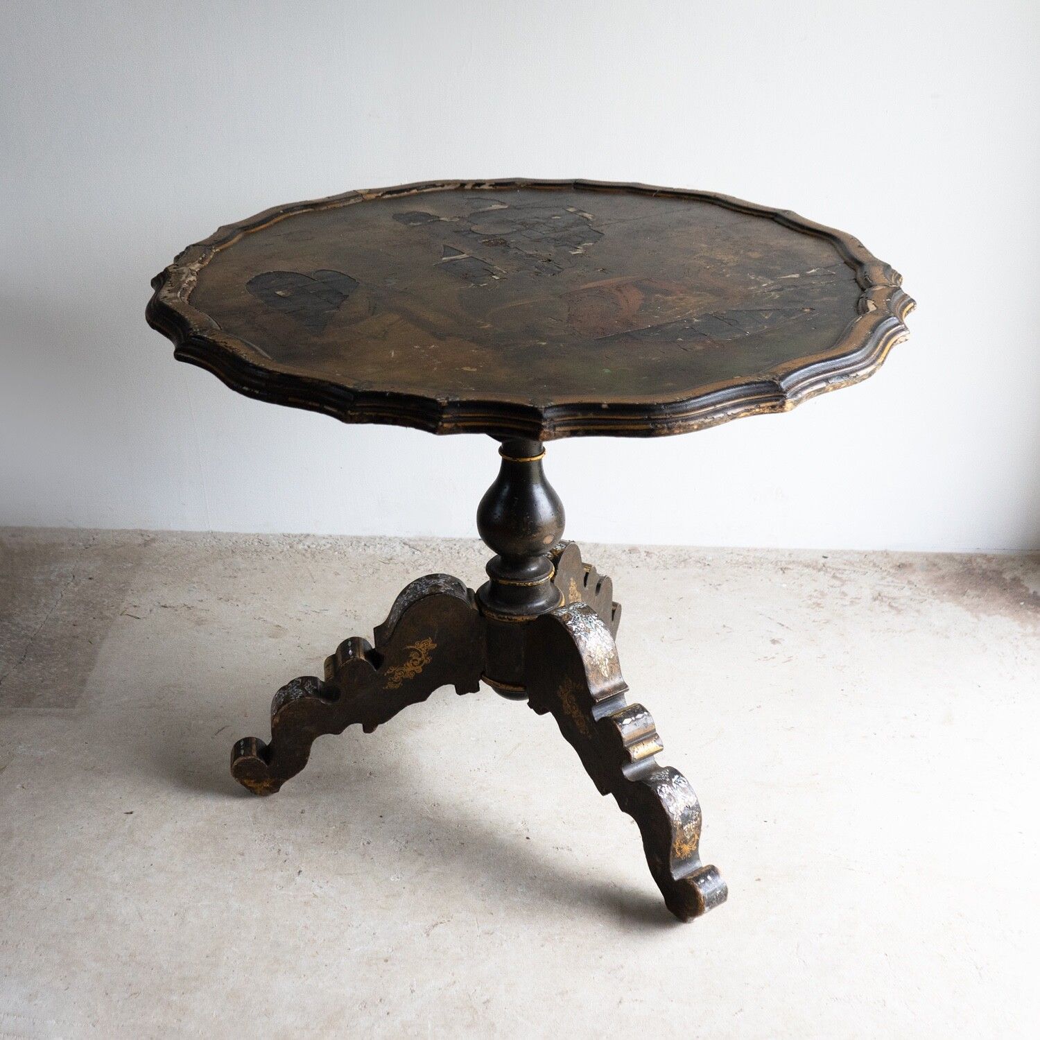 photo for sale Antique French Napoleon III Lacquered Pedestal Table, Inlaid Hand Painted 19th C