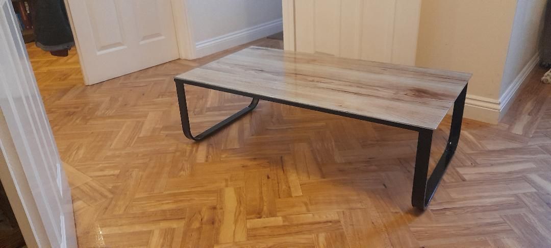 Contemporary Black Metal Framed Glass Top Printed Bleached Oak Effect