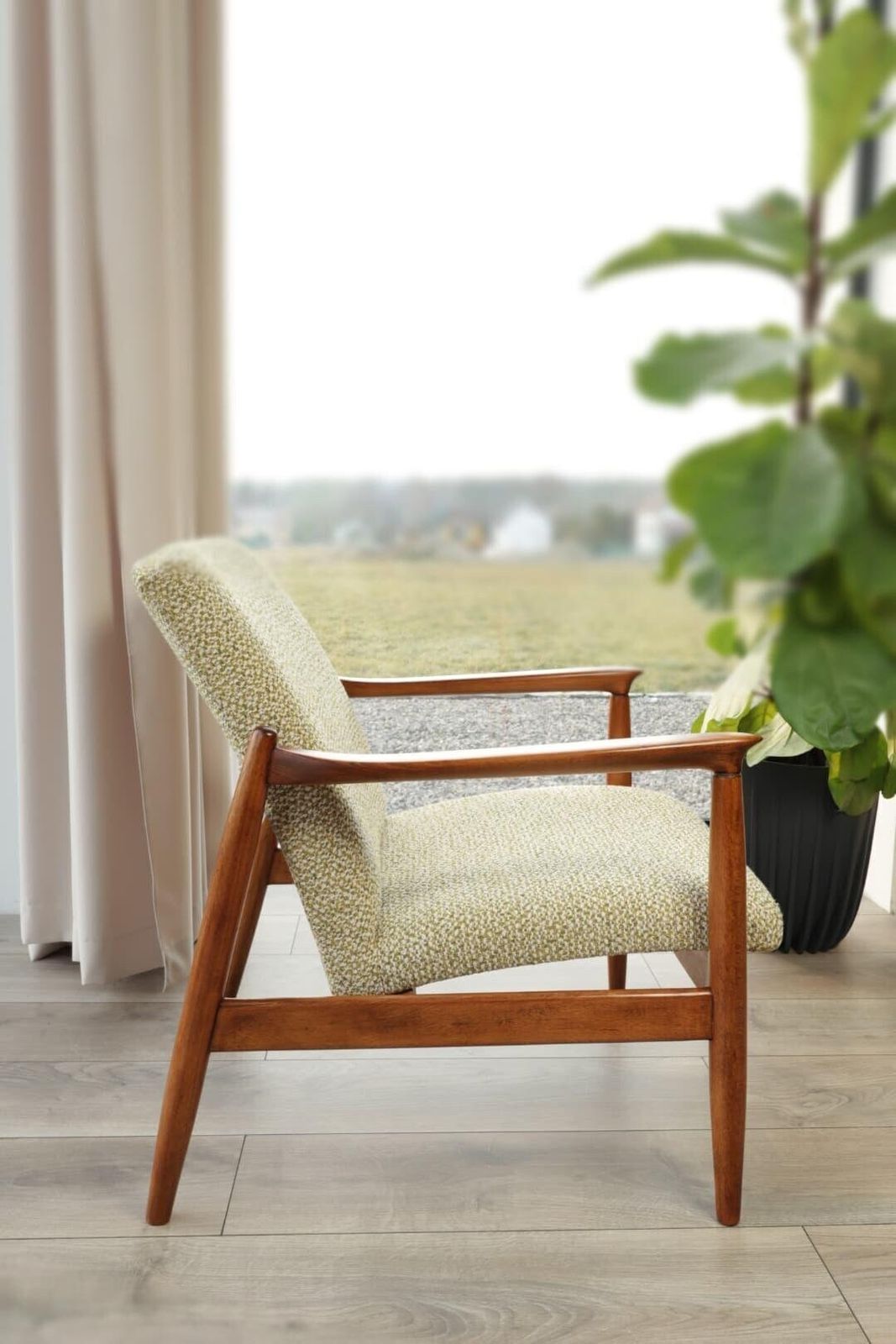 Pattern Green Vintage Armchair By Edmund Homa Gfm 64, 1960s, Poland Refurbished Mcm Design