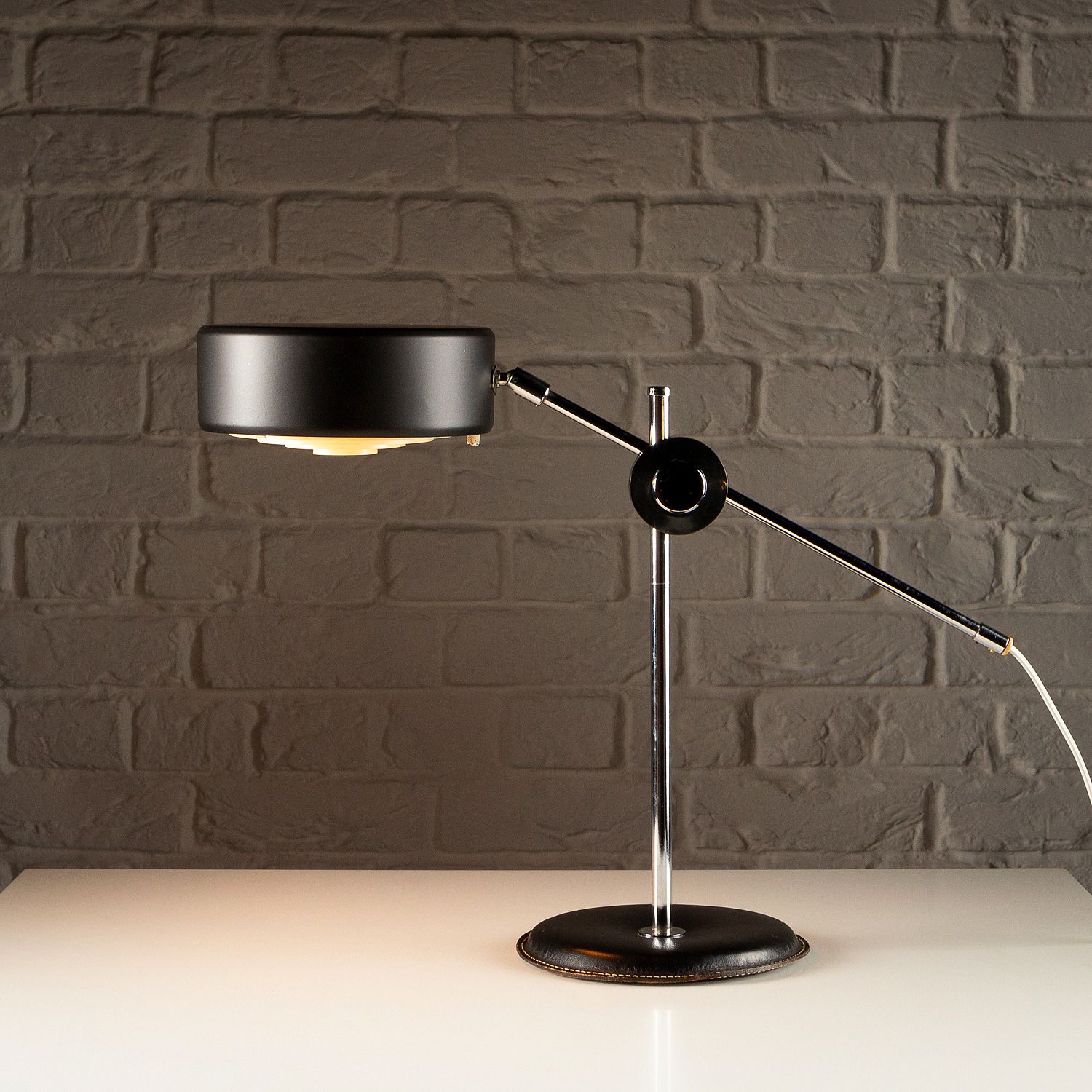 Simris Desk Lamp In Black Leather And Chrome, Anders Pehrson, Sweden, 1970s