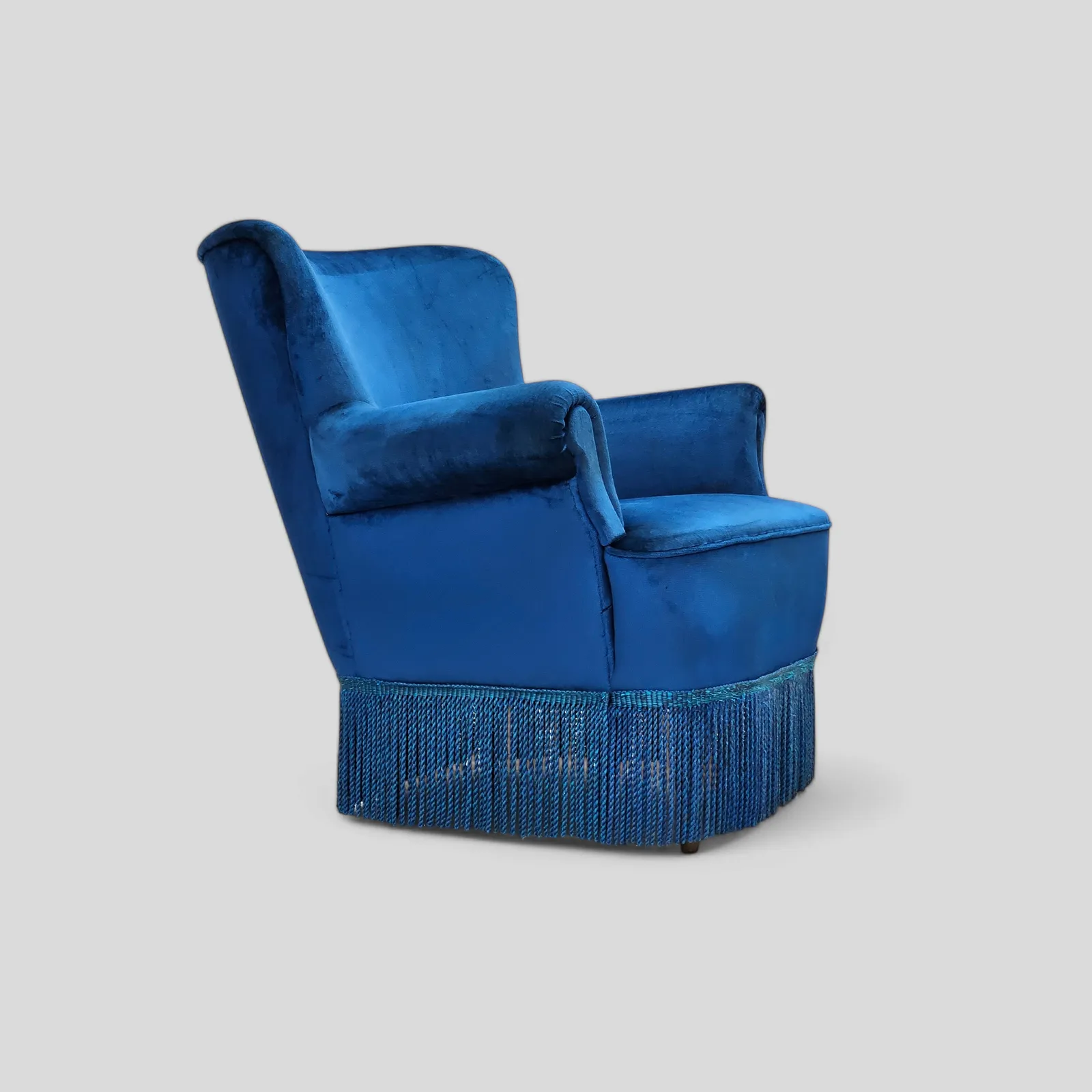 1960s, Danish Lounge Chair, Blue Furniture Velour, Beech Wood Legs.
